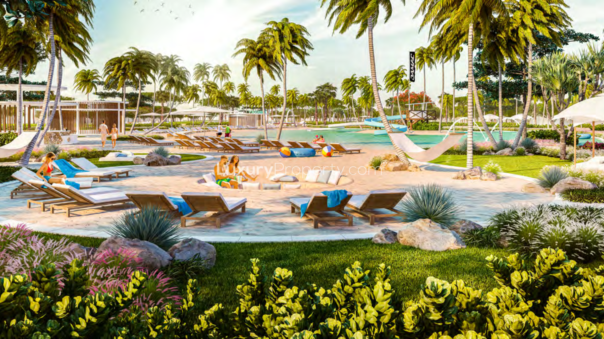 Luxurious poolside lounge area at Uno Premier Villas, Damac Hills 2, Dubai