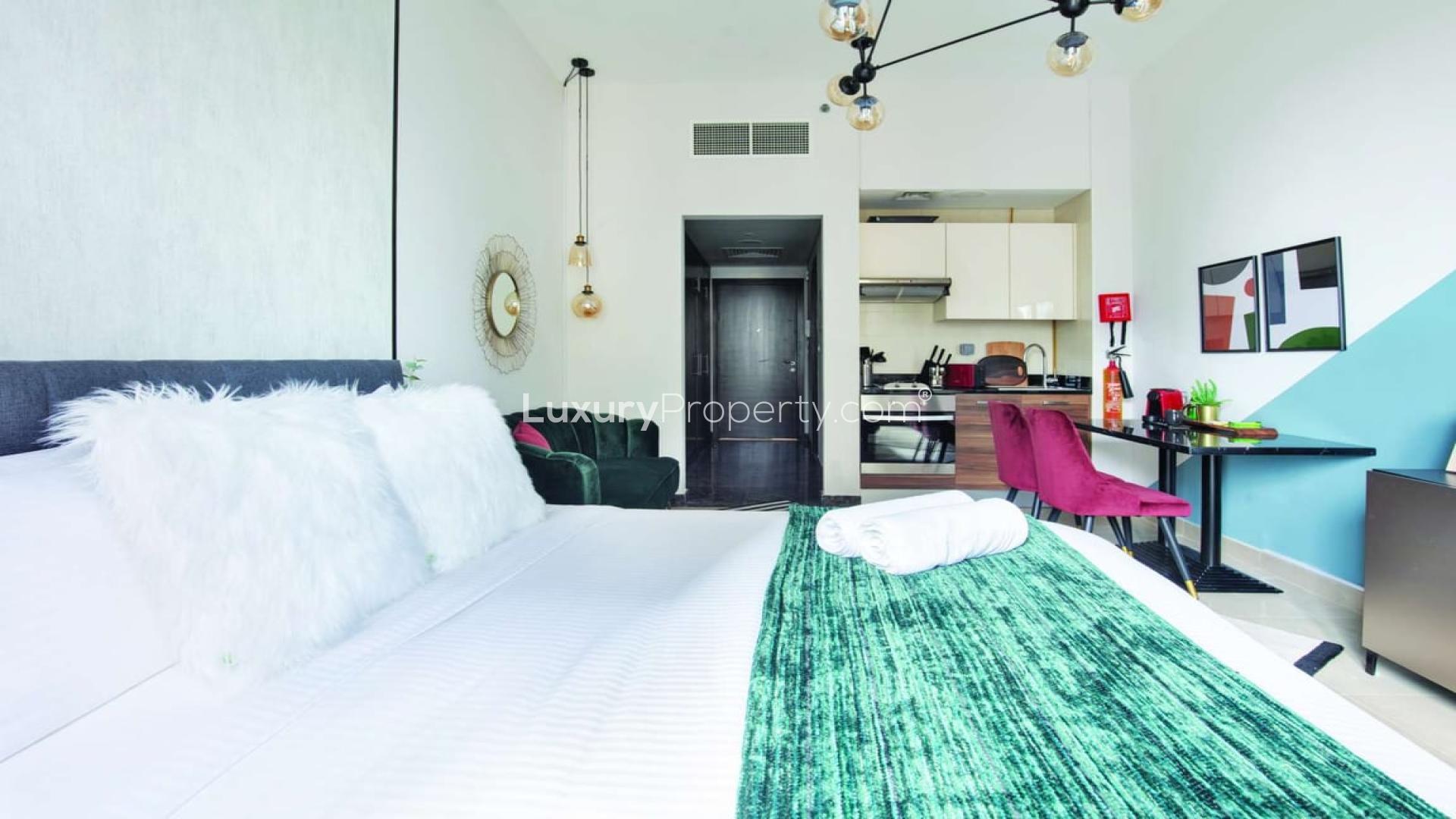 Stunning studio apartment interior in Sparkle Towers, Dubai Marina with modern decor and furnishings