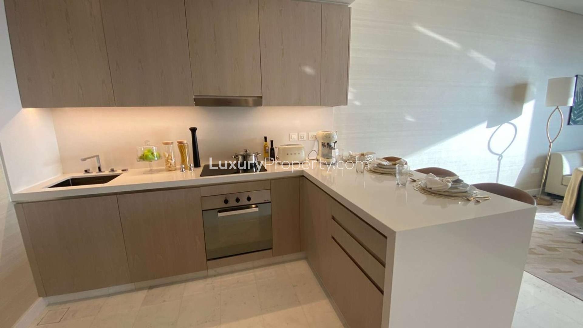 Furnished studio apartment living area in The Palm Tower, Palm Jumeirah, for rent