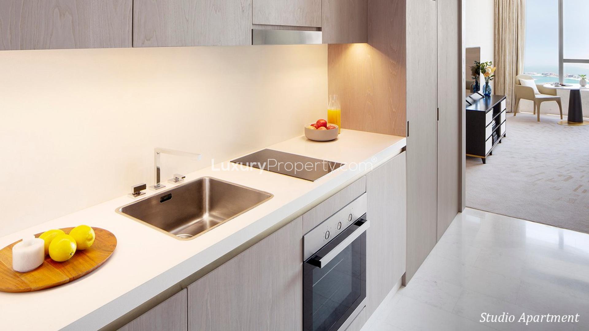 Studio apartment in The Palm Tower with ocean views, modern decor, and natural light