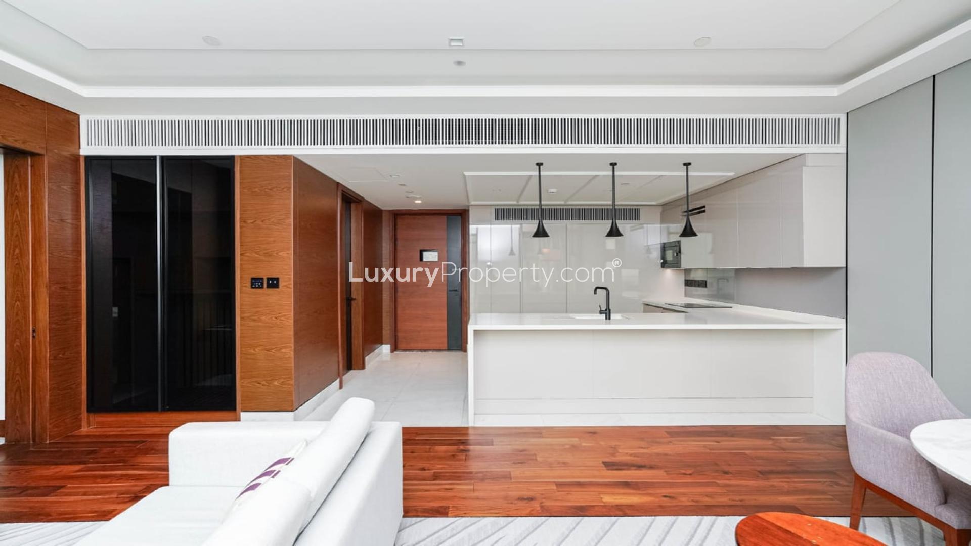 Modern living room with elegant furniture in Bluewaters Island 1-bedroom apartment for rent