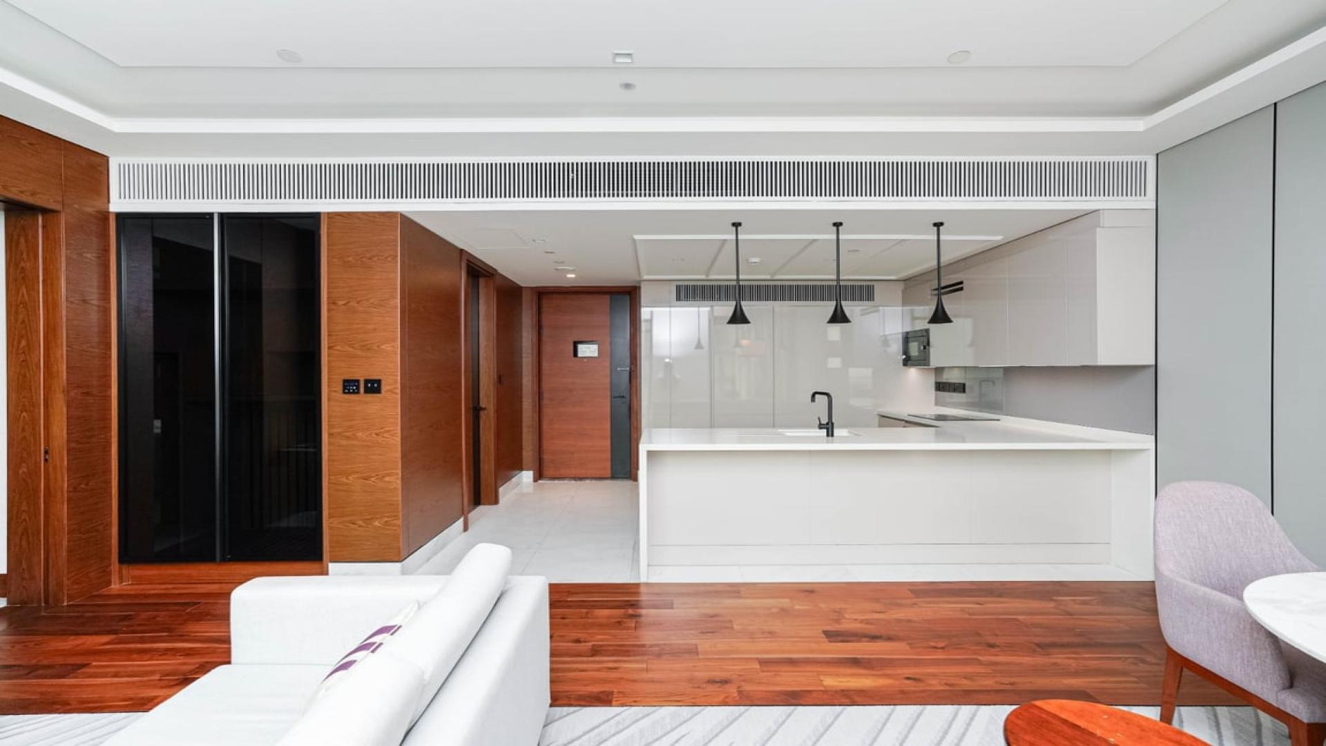 Modern living room with elegant furniture in Bluewaters Island 1-bedroom apartment for rent