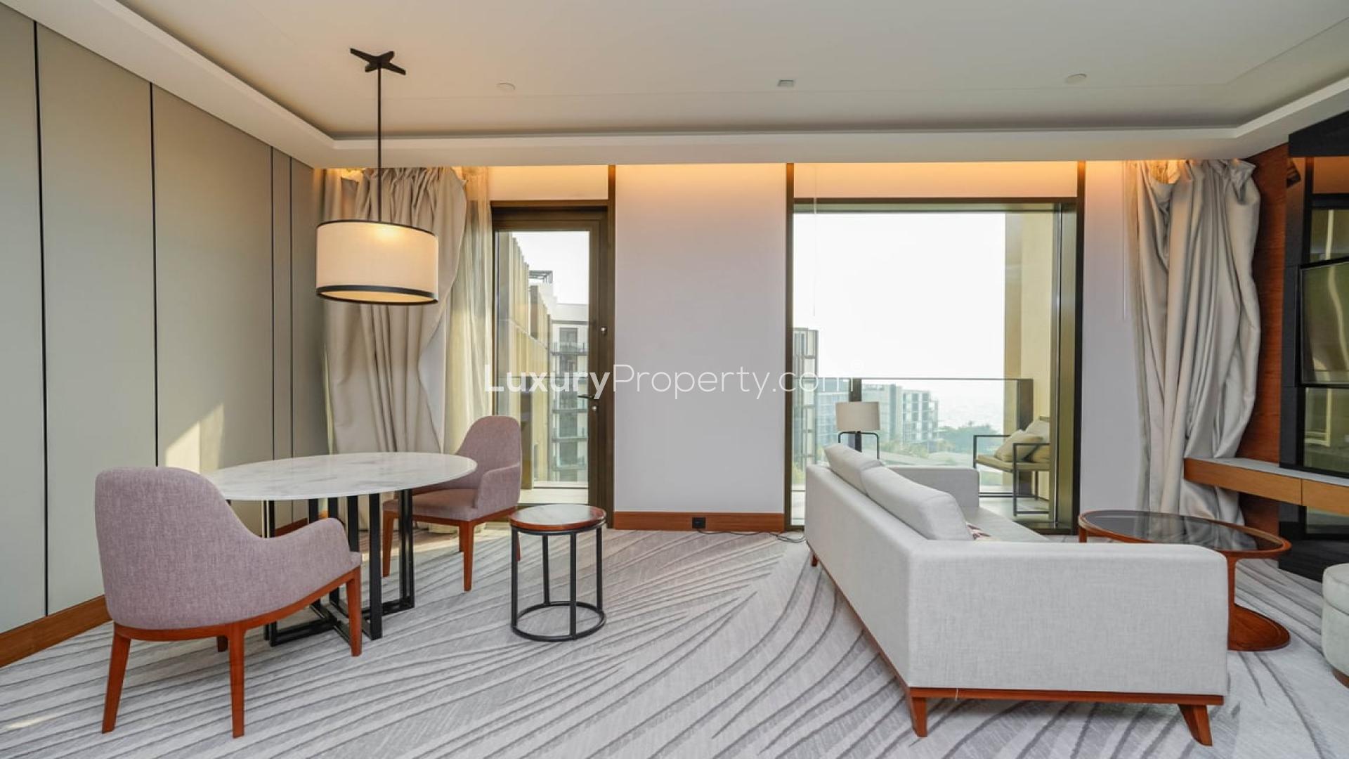 Modern apartment pool view with lush greenery at Bluewaters Island, Dubai