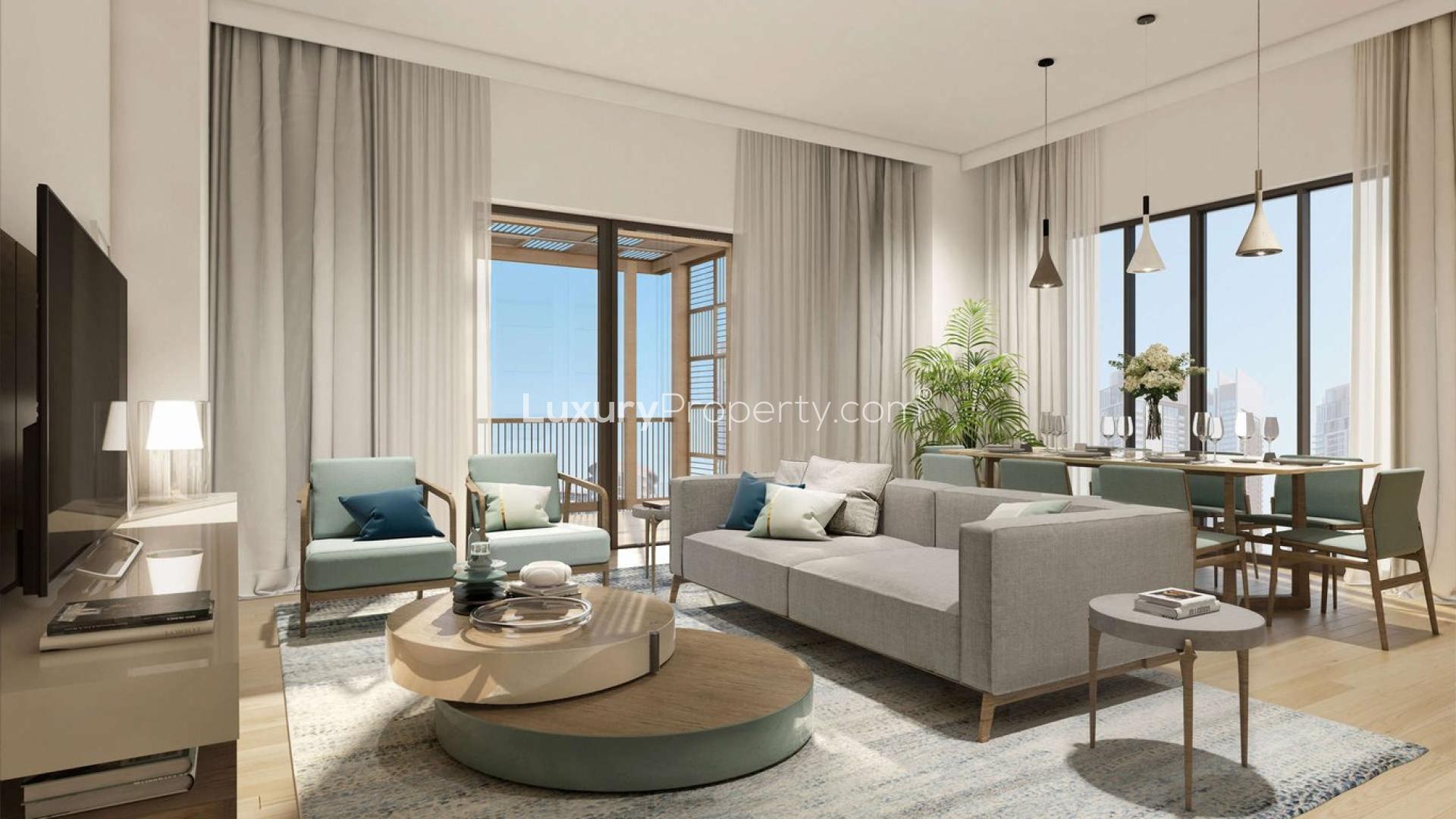 Waterfront studio apartments at Breeze, Creek Beach, Dubai Creek Harbour with landscaped gardens and playground