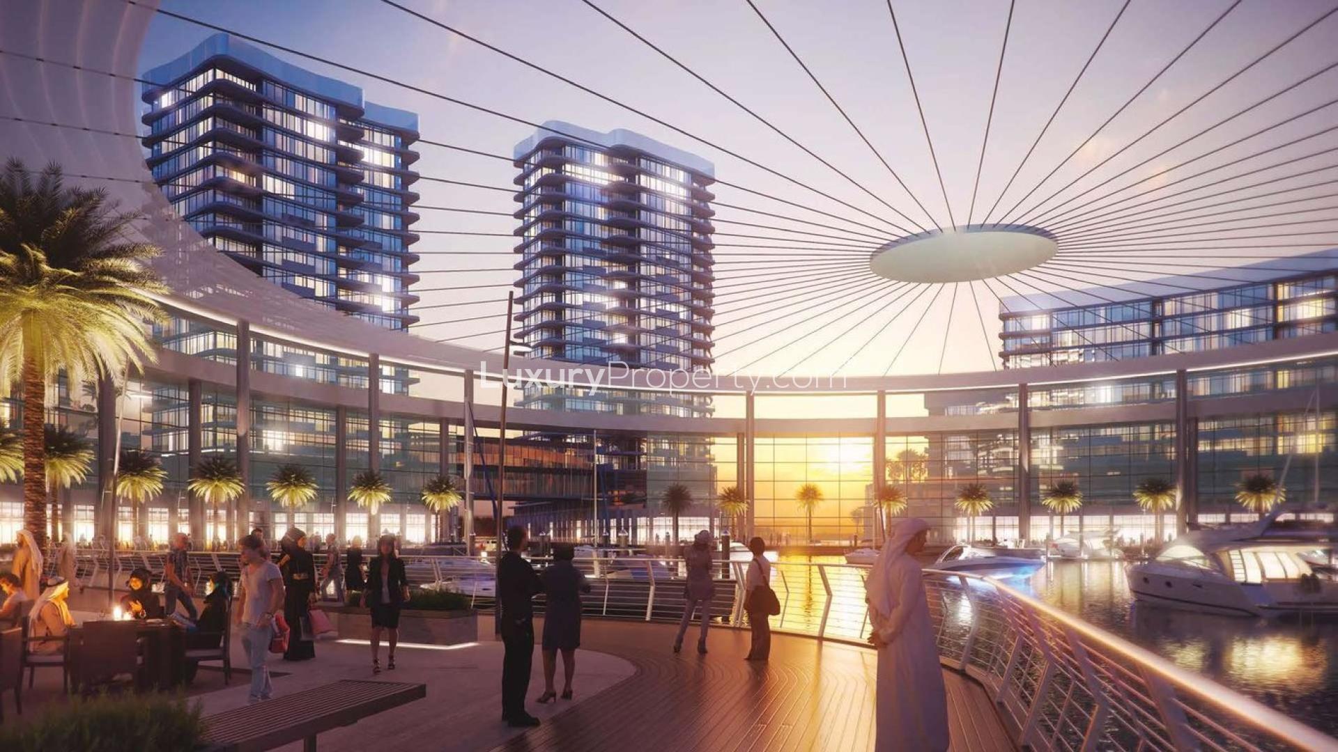 Aerial view of Marsa Meydan luxury beachfront community in Jabel Ali, showcasing modern architecture