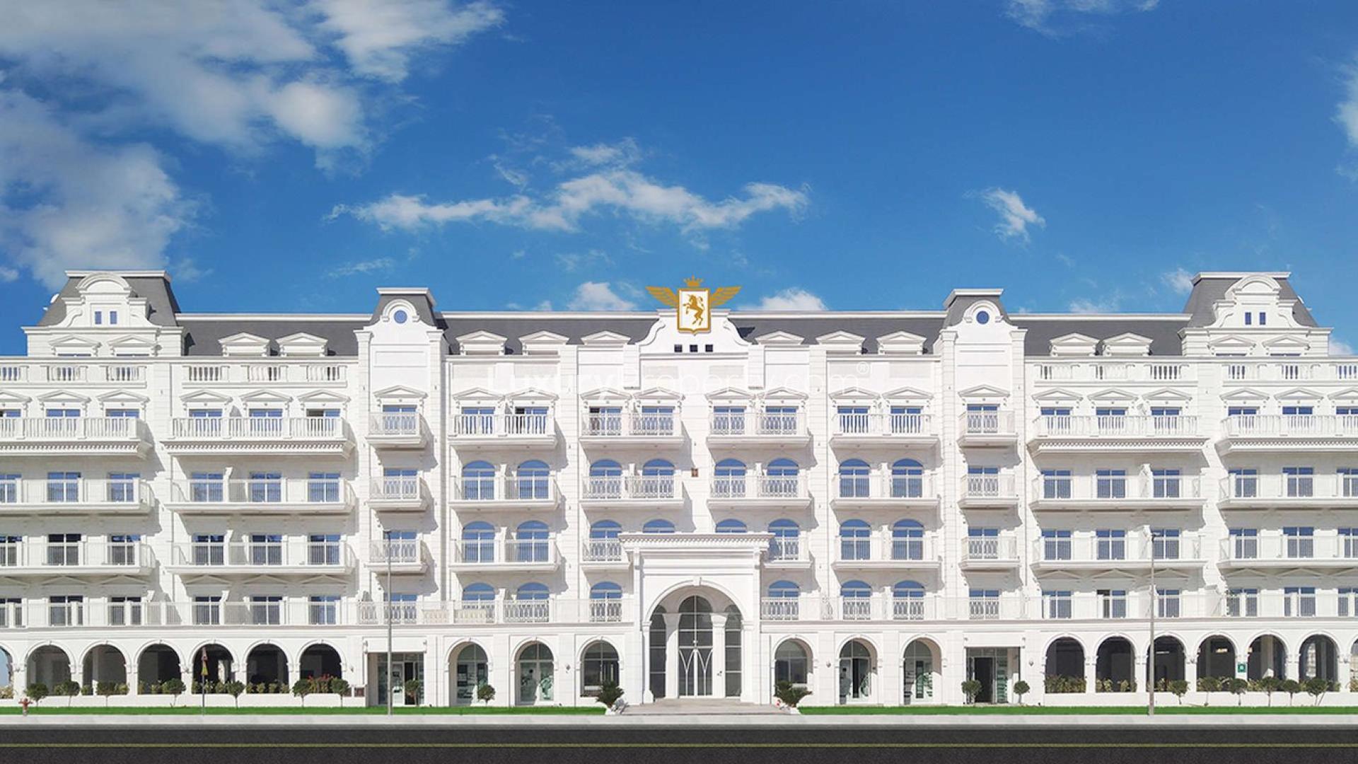 "Elegant facade of Vincitore Palacio luxury studio apartment in Arjan, Dubailand for sale.","Luxury apartment exterior at Vincitore Palacio, Arjan, Dubailand, elegant architecture, for sale.",Outdoor pool and garden area at Vincitore Palacio, Arjan, Dubailand luxury apartment