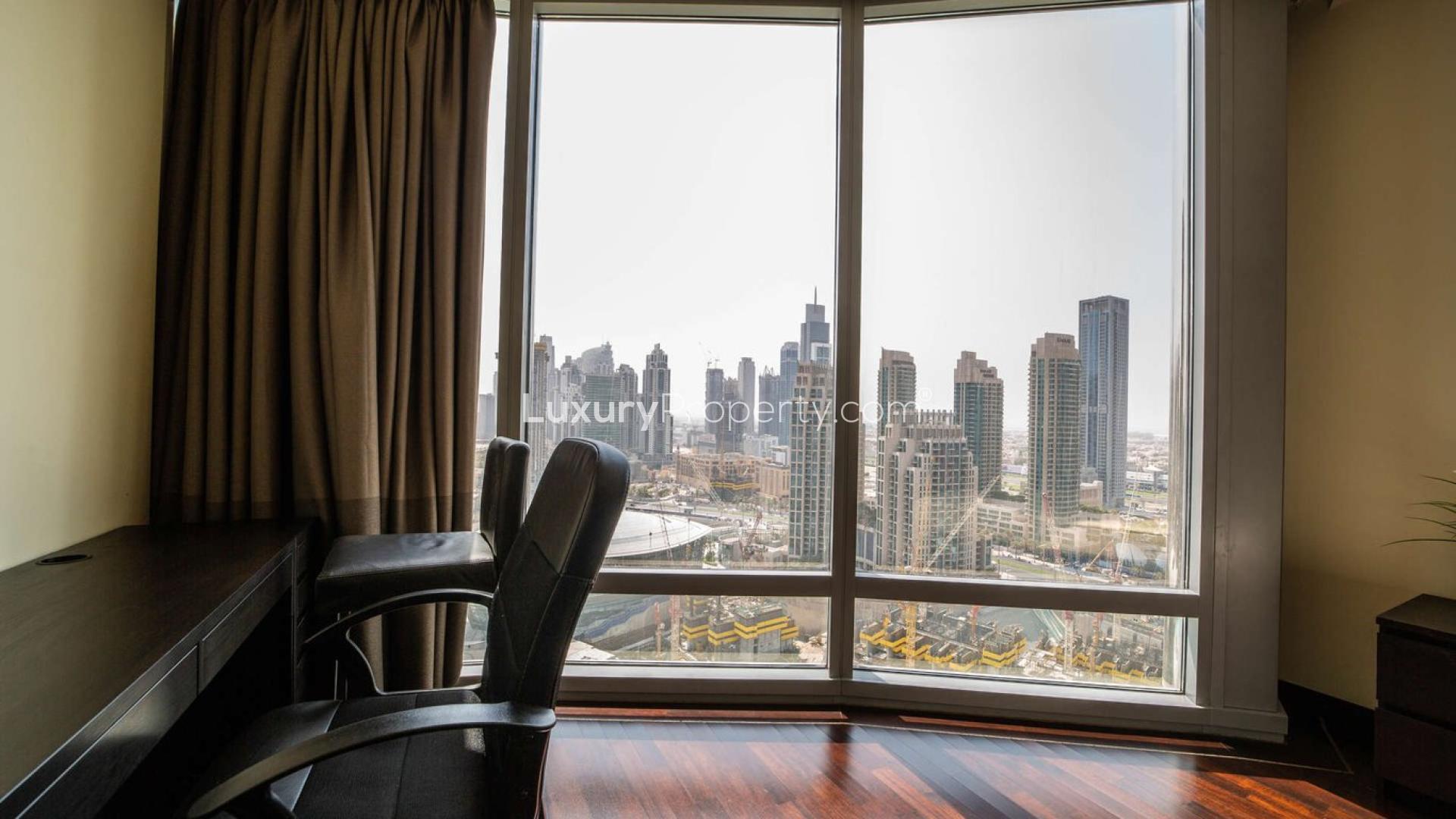 Luxury studio apartment interior with city view, Burj Khalifa, Downtown Dubai