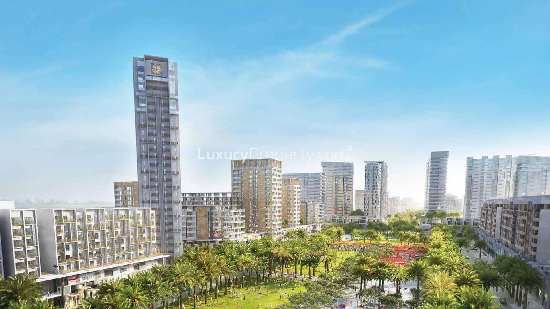 Modern studio living room in Zahra Apartments, Dubai Town Square, with balcony view