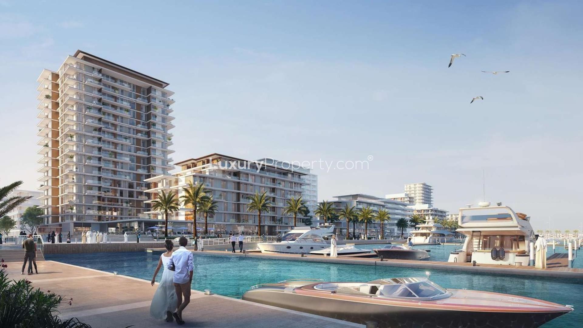 Modern living room in 1-bedroom apartment at Sirdhana, Mina Rashid, with stunning waterfront view