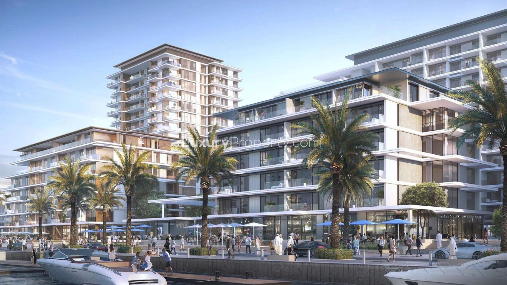 Modern waterfront apartment complex at Mina Rashid's Sirdhana community by Emaar and DP World