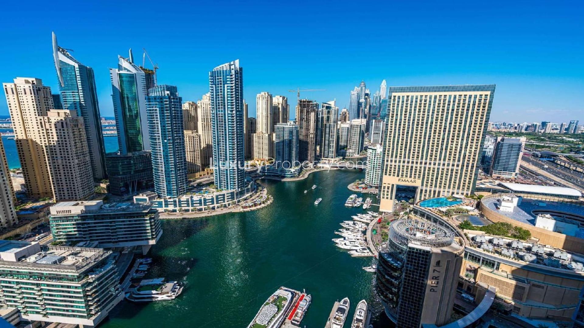 Glamorous studio apartment interior with city view at The Address Dubai Marina