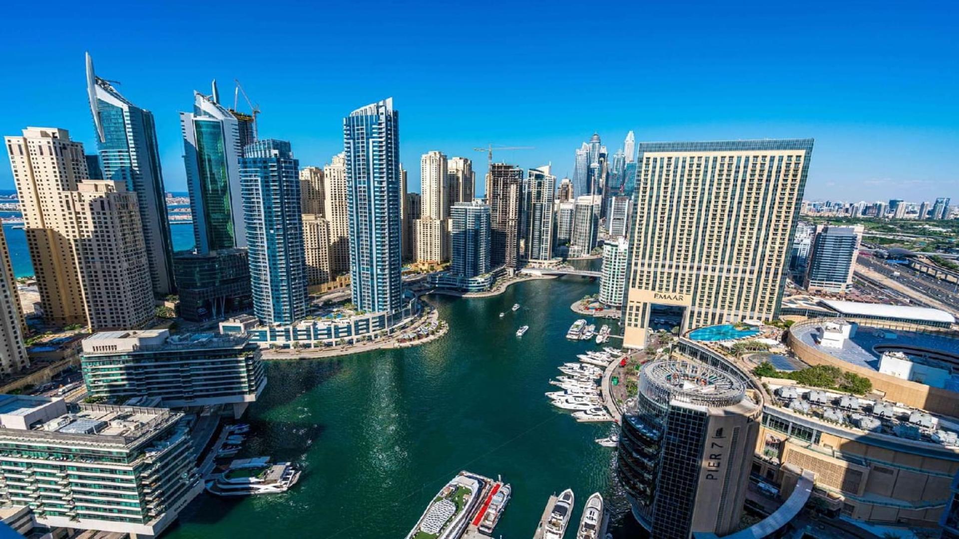 Glamorous studio apartment interior with city view at The Address Dubai Marina