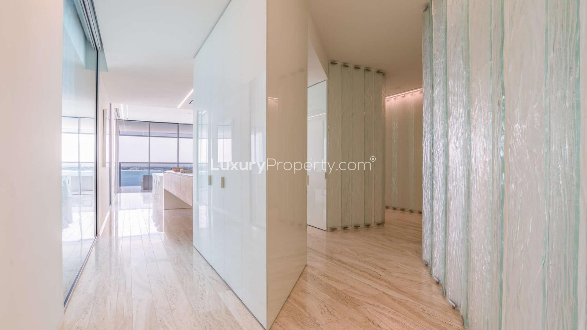 Contemporary beachfront studio apartment interior in Muraba Residences, Palm Jumeirah, with sea view
