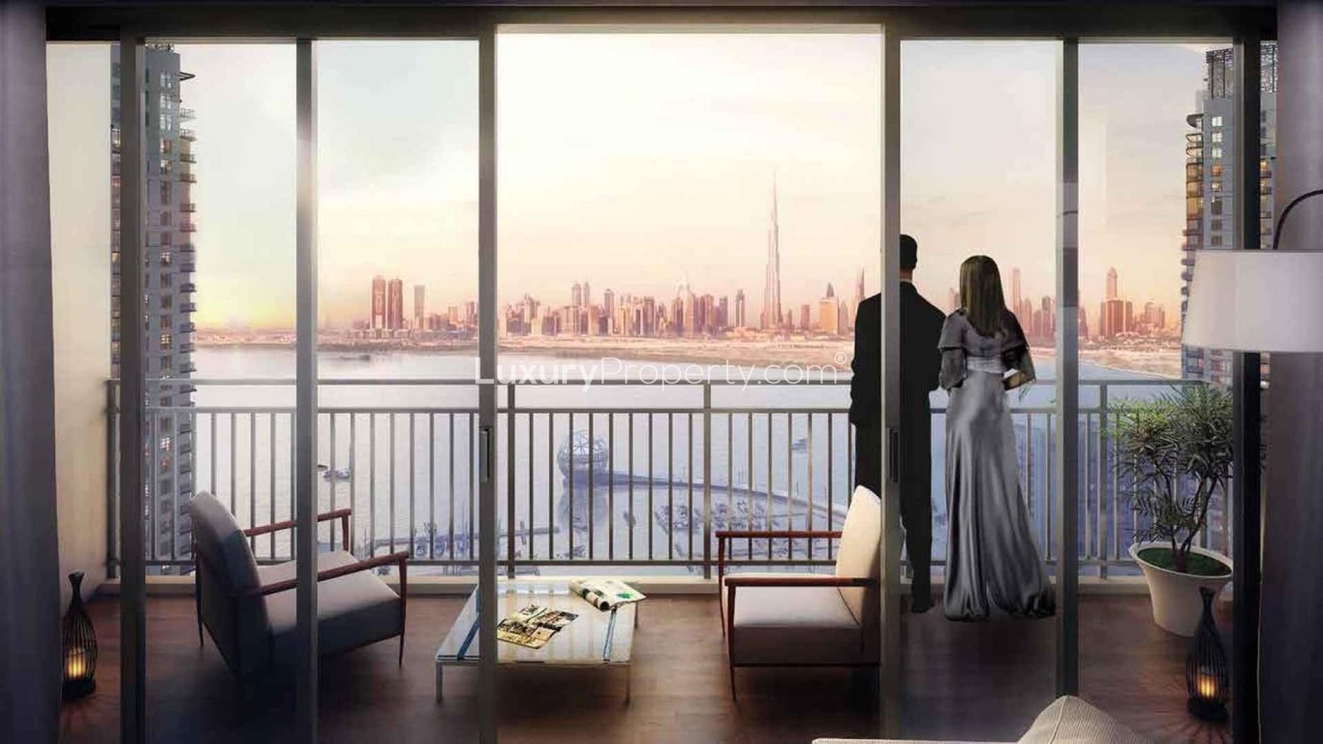 "Harbour Views luxury apartments overlooking marina, Dubai Creek Harbour skyline, vibrant waterfront lifestyle.",Elegant apartment balcony view of Dubai skyline and waterfront at Harbour Views, Dubai Creek Harbour
