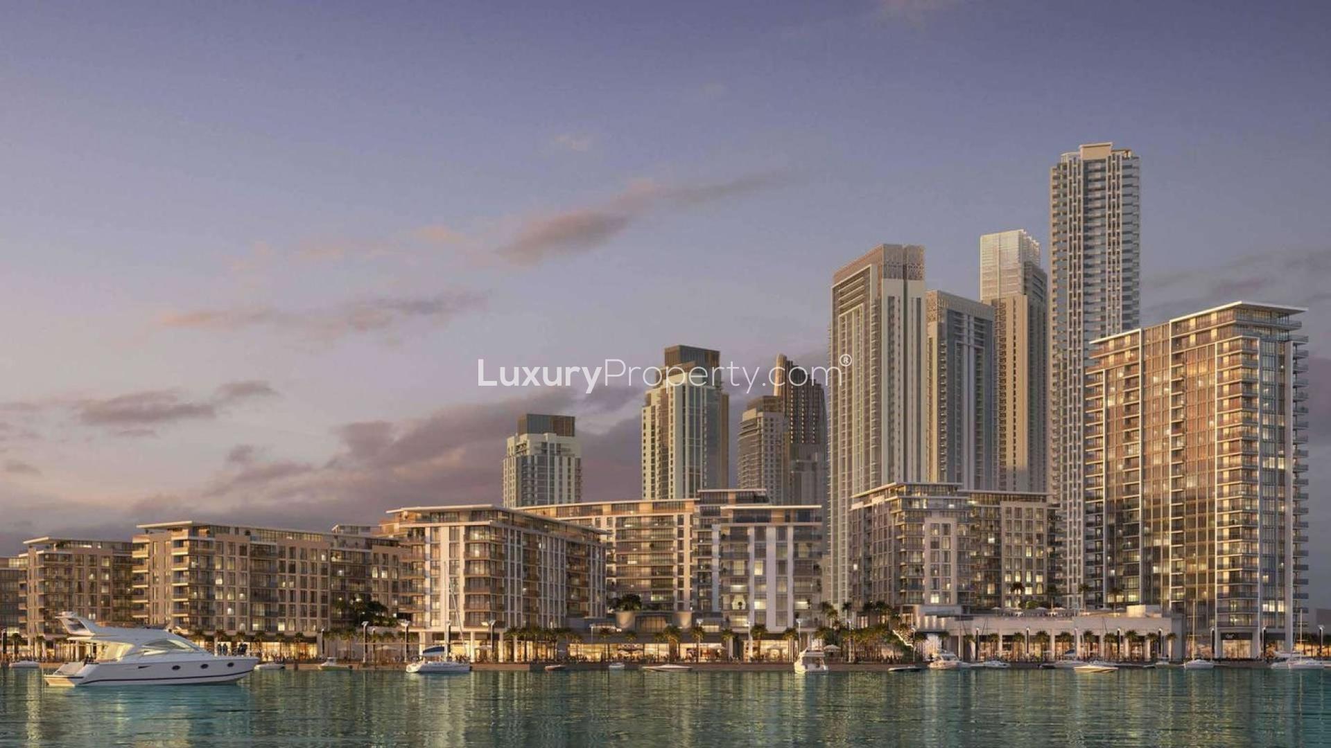 Modern apartment buildings and waterfront view at The Cove, Dubai Creek Harbour