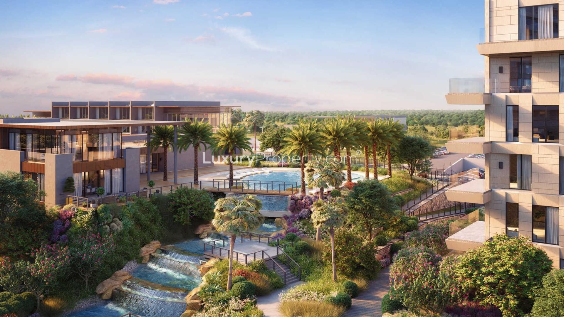 Aerial view of The Neighbourhood Apartment complex in lush Al Barari community for sale