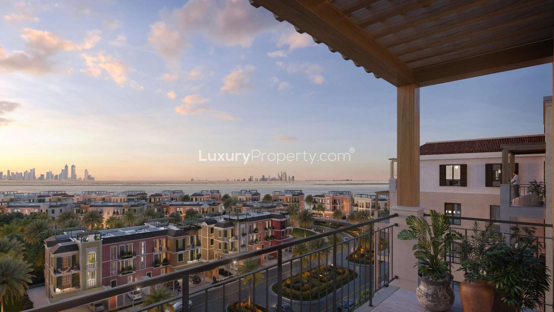 Balcony view from La Sirene Apartments at La Mer, overlooking Jumeirah waterfront and skyline