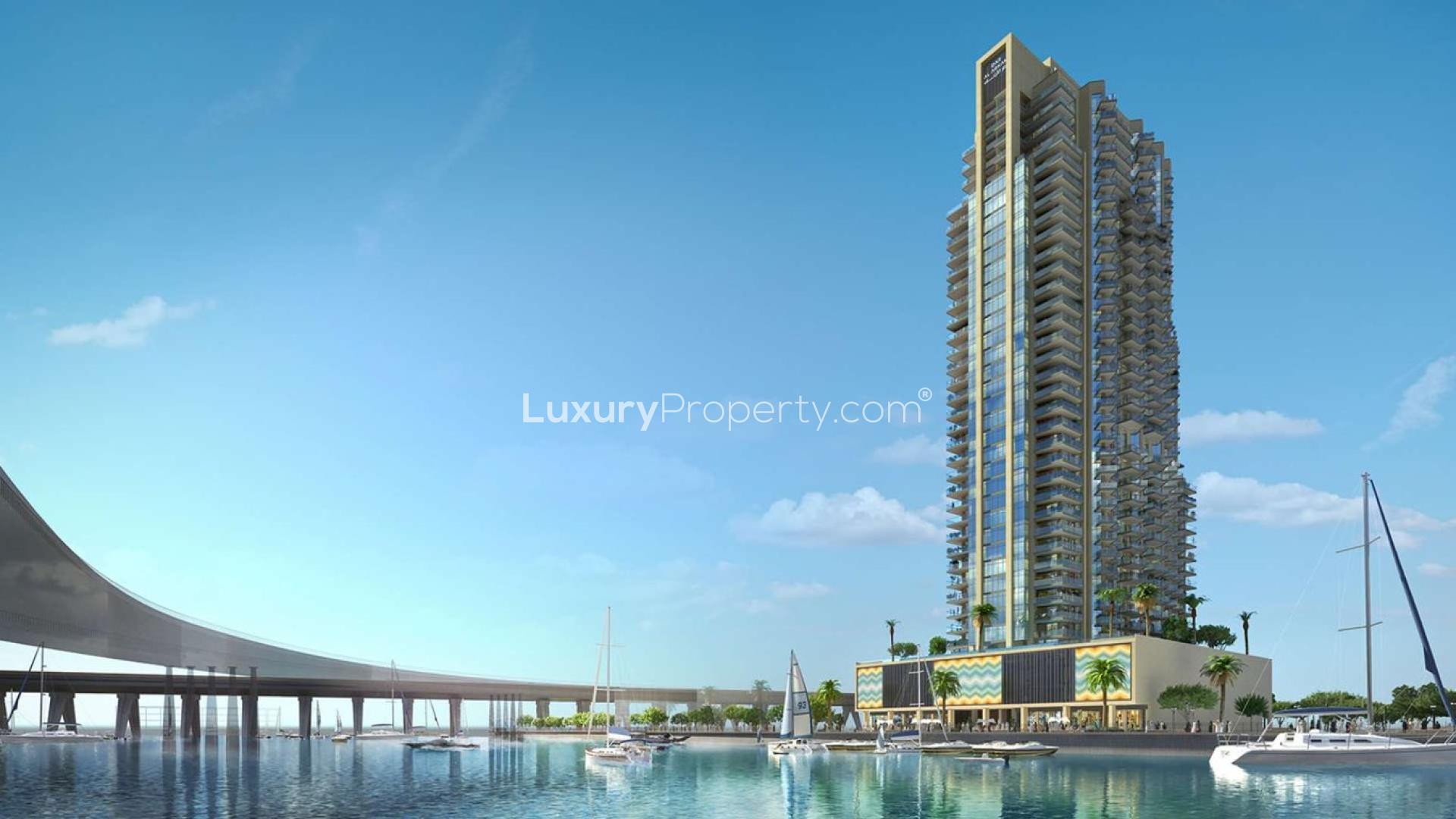 Luxury studio apartments overlooking Dubai Canal at sunset, Urban Oasis, Business Bay