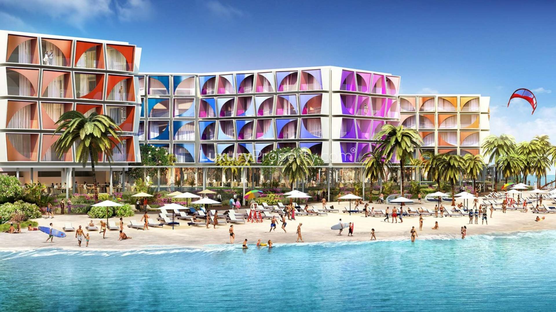 Colorful beachfront apartments in The Heart of Europe, The World Islands, Dubai, with sailboats