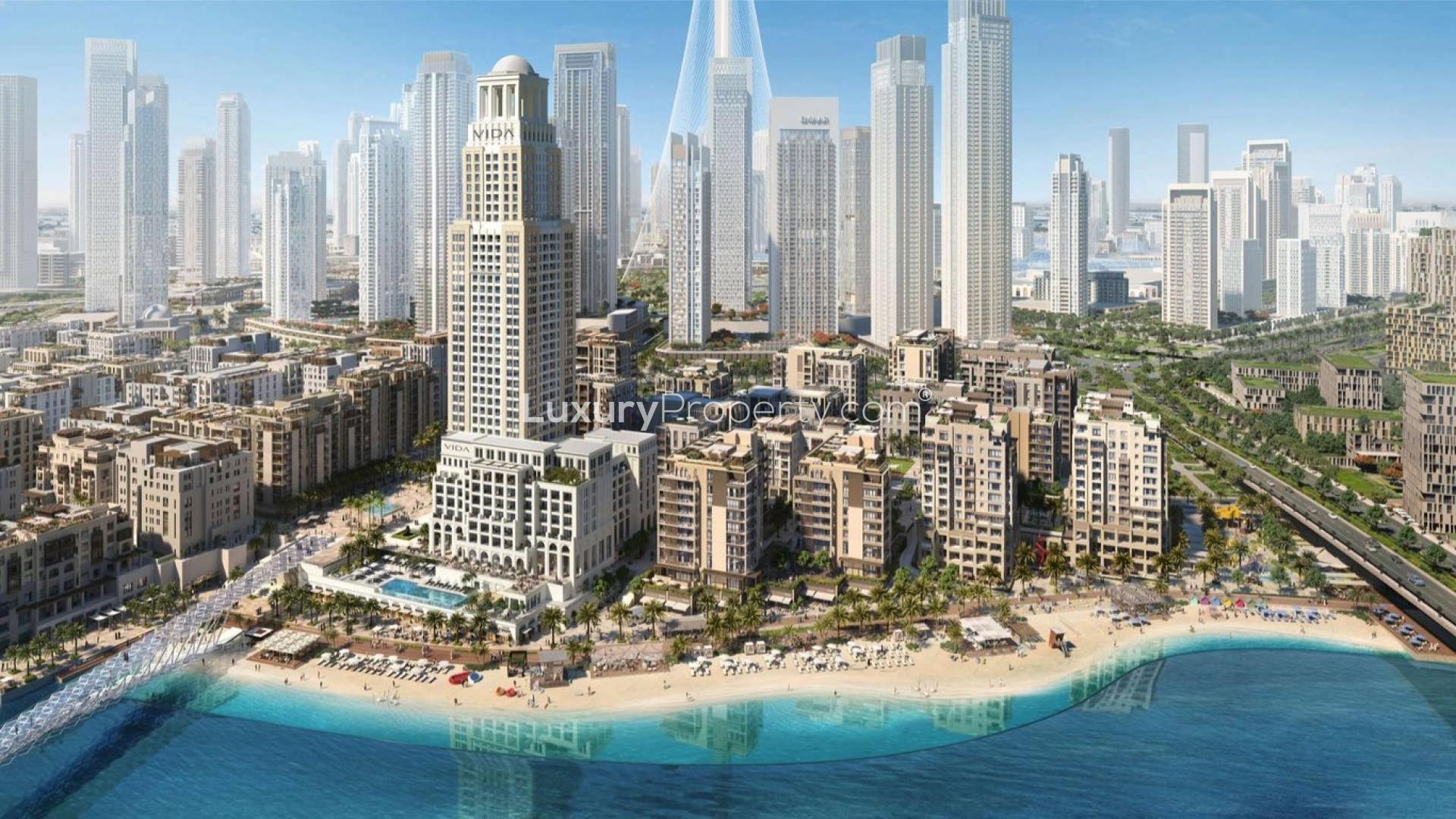 Aerial view of Vida Residences Creek Beach, Dubai Creek Harbour with waterfront and skyline