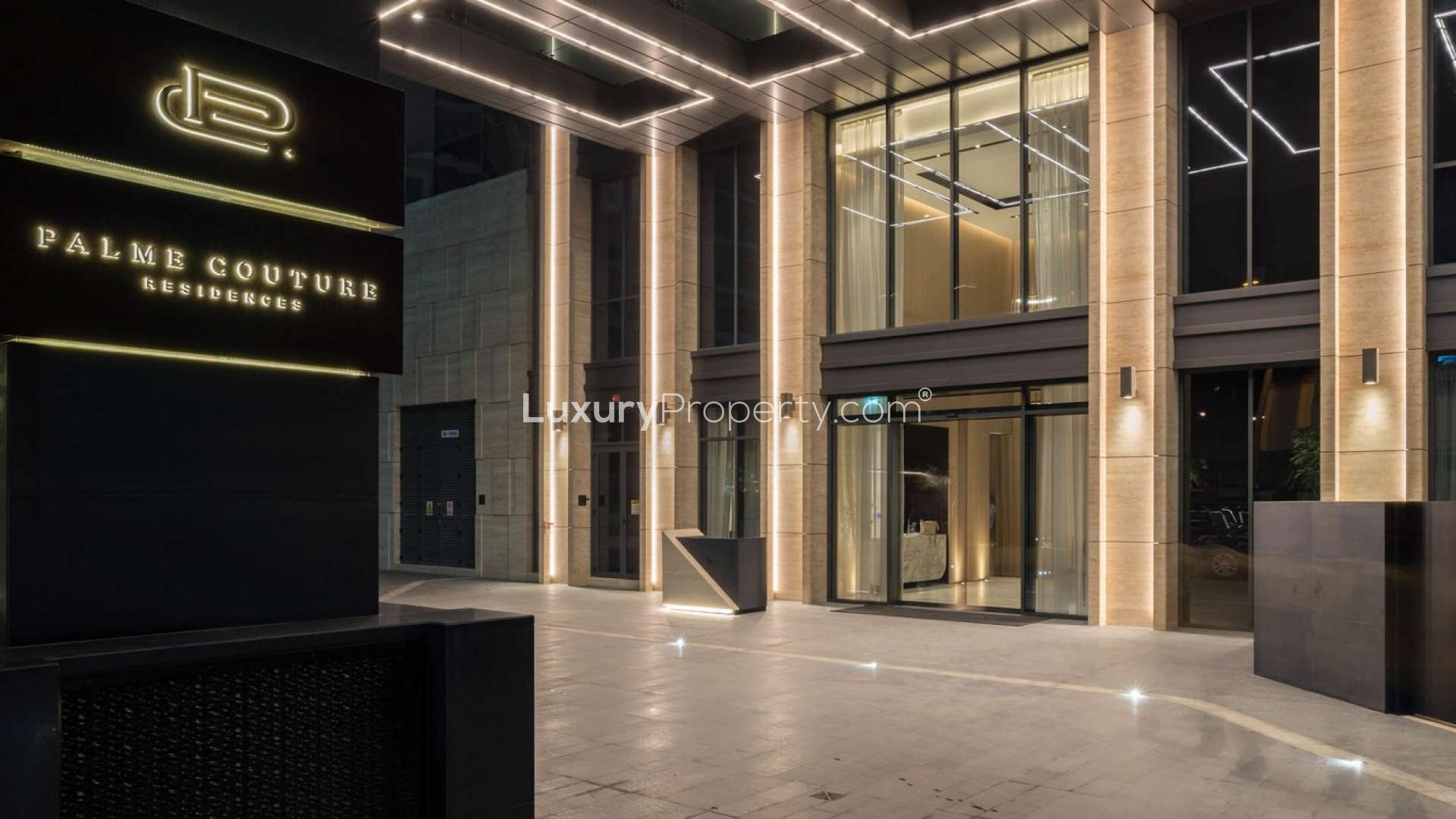 Luxury beachfront apartment balcony with stunning Dubai skyline view, Palme Couture, Palm Jumeirah