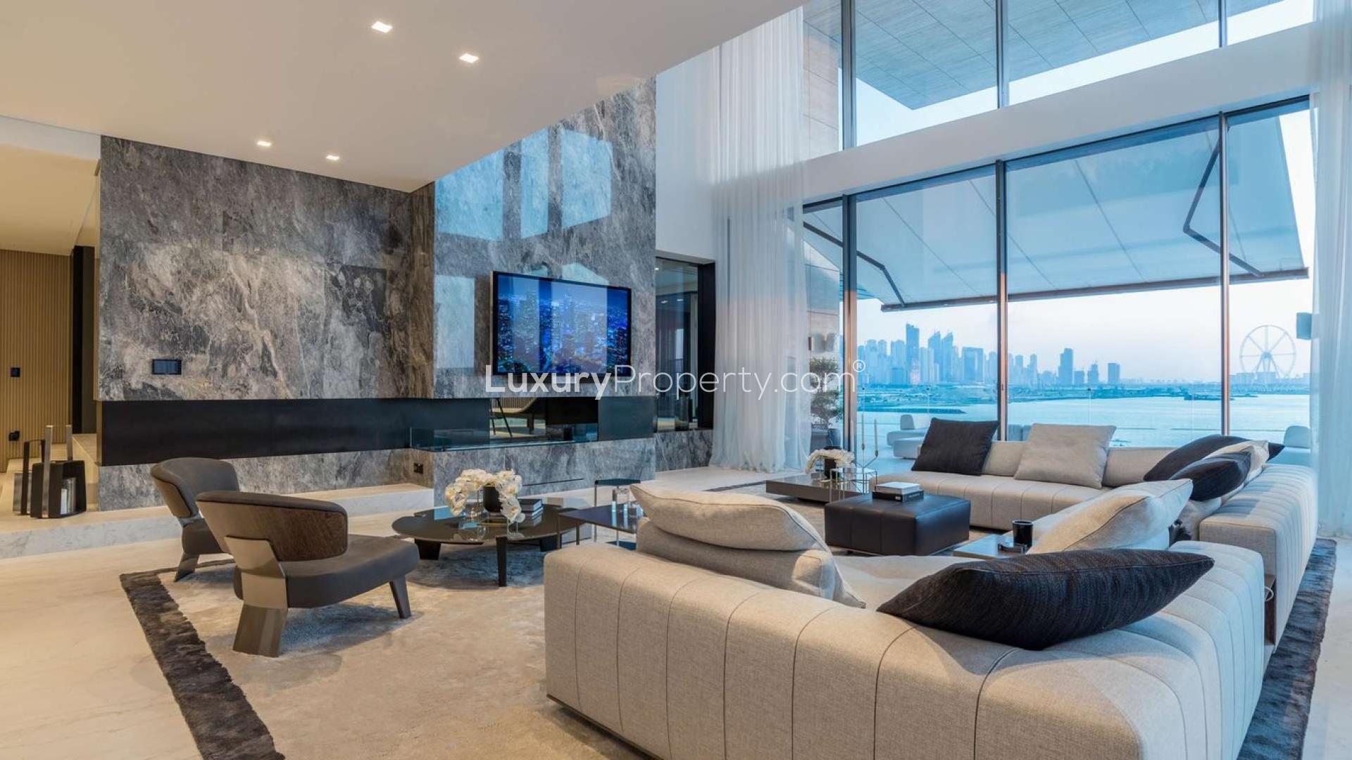 Luxurious living room in 4-bedroom Palm Couture townhouse, Palm Jumeirah, with stunning sea view