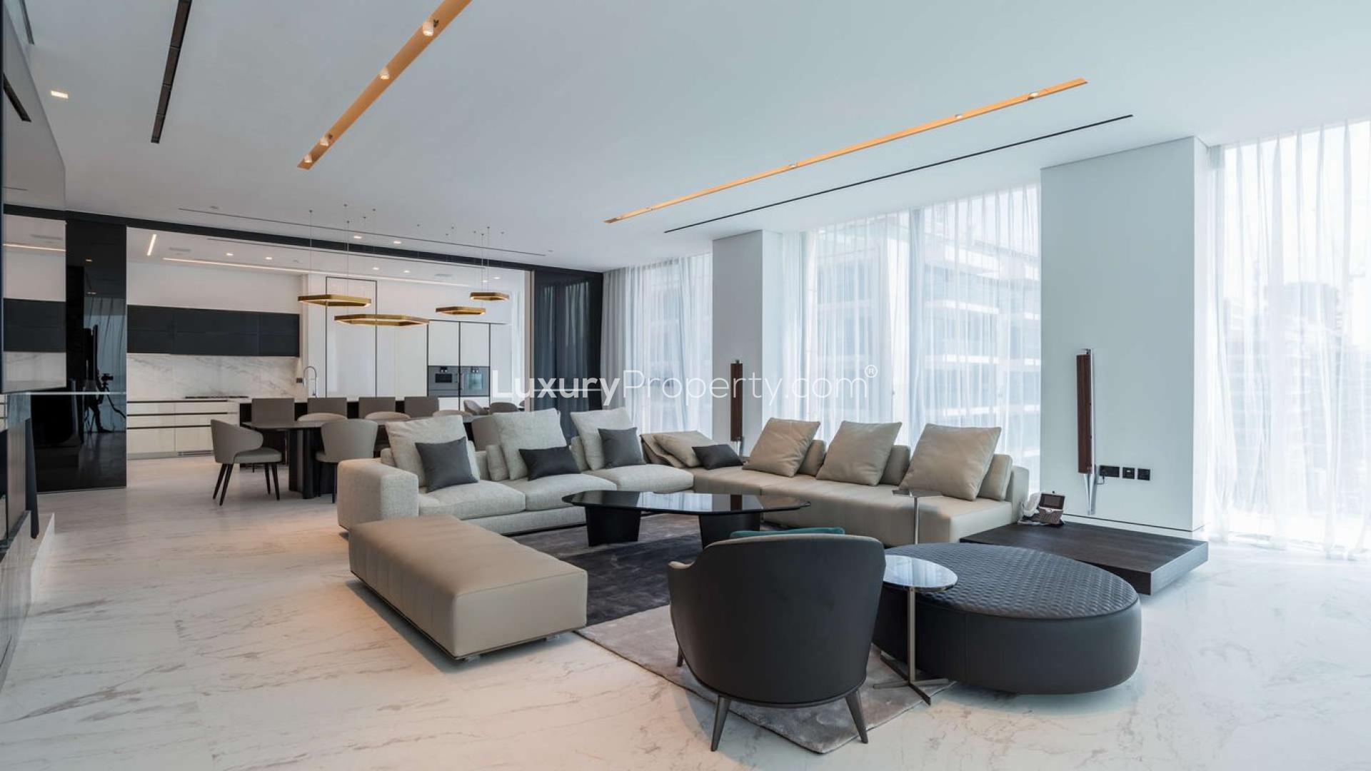 Ultramodern living room in 3-bedroom beachfront apartment, Palme Couture, Palm Jumeirah