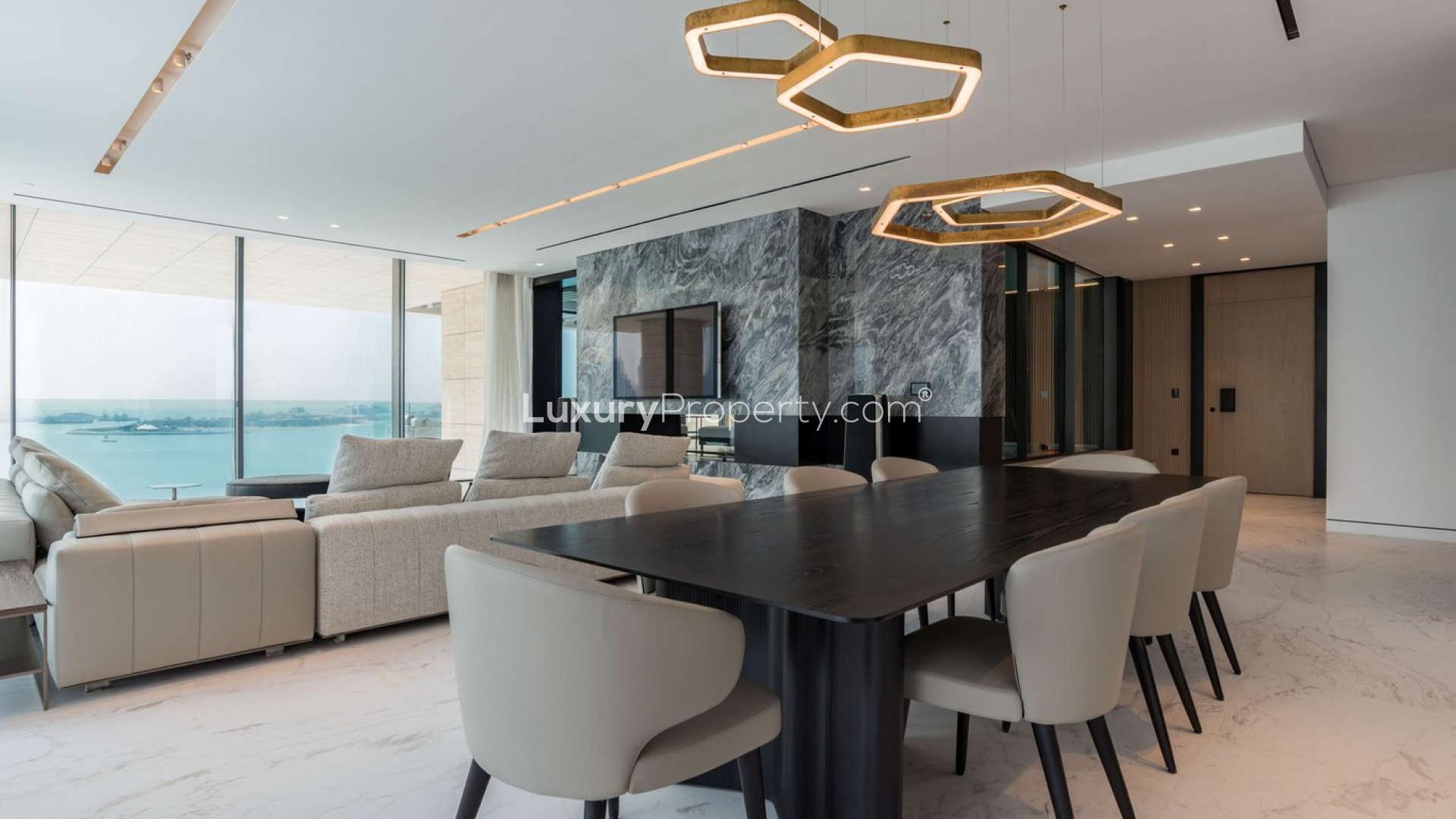 Ultramodern beachfront apartment living room with sea view at Palme Couture, Palm Jumeirah