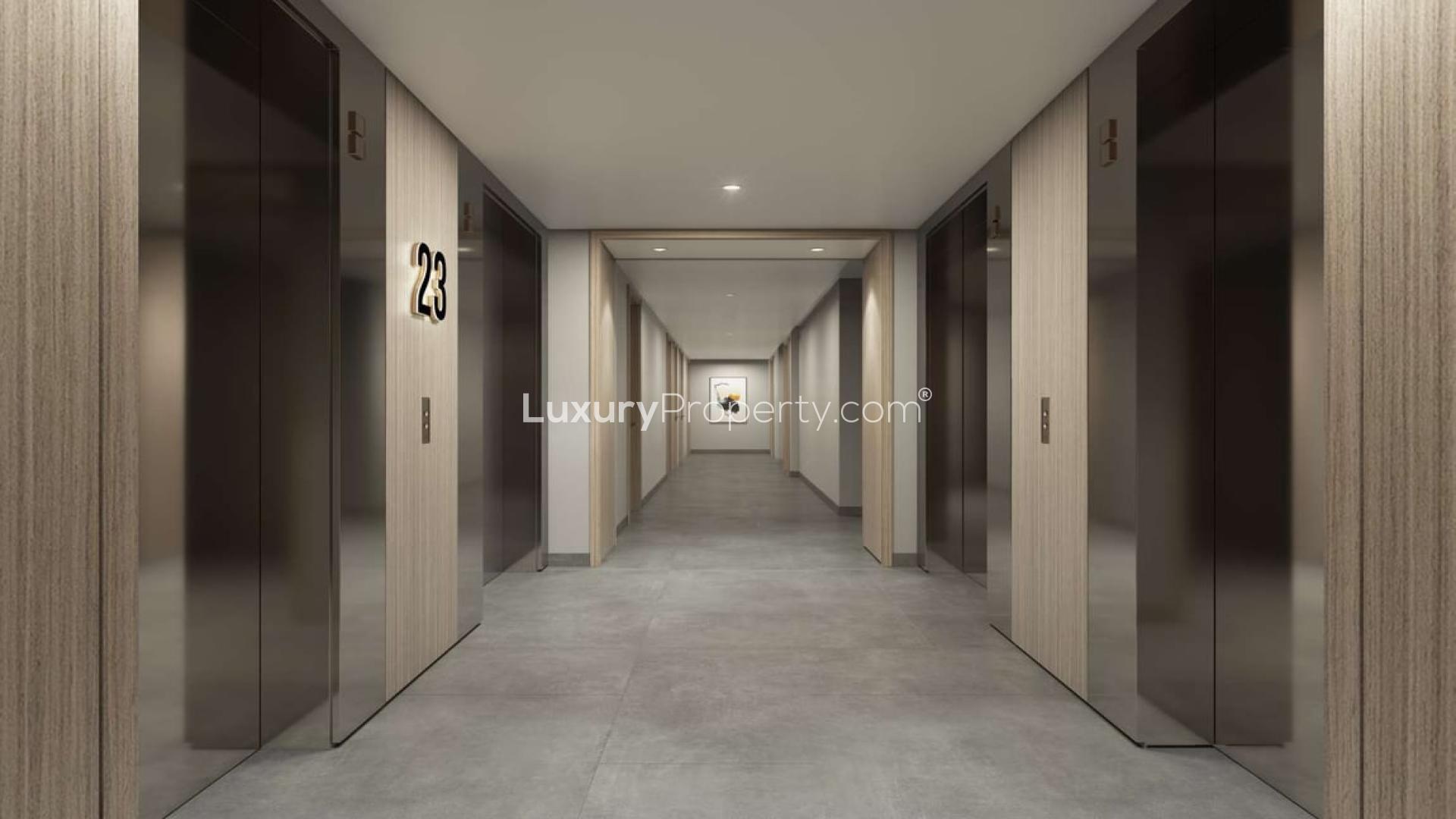 Modern living room in one-bedroom apartment, Peninsula One, Business Bay, with city view