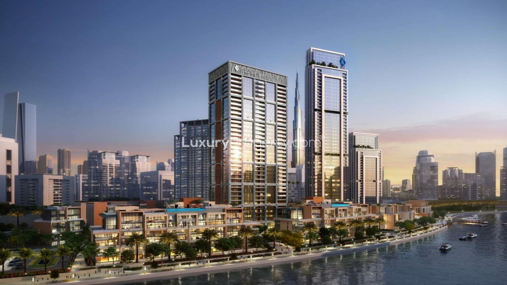 Modern kitchen and living area in waterfront 3-bedroom apartment, Business Bay Peninsula