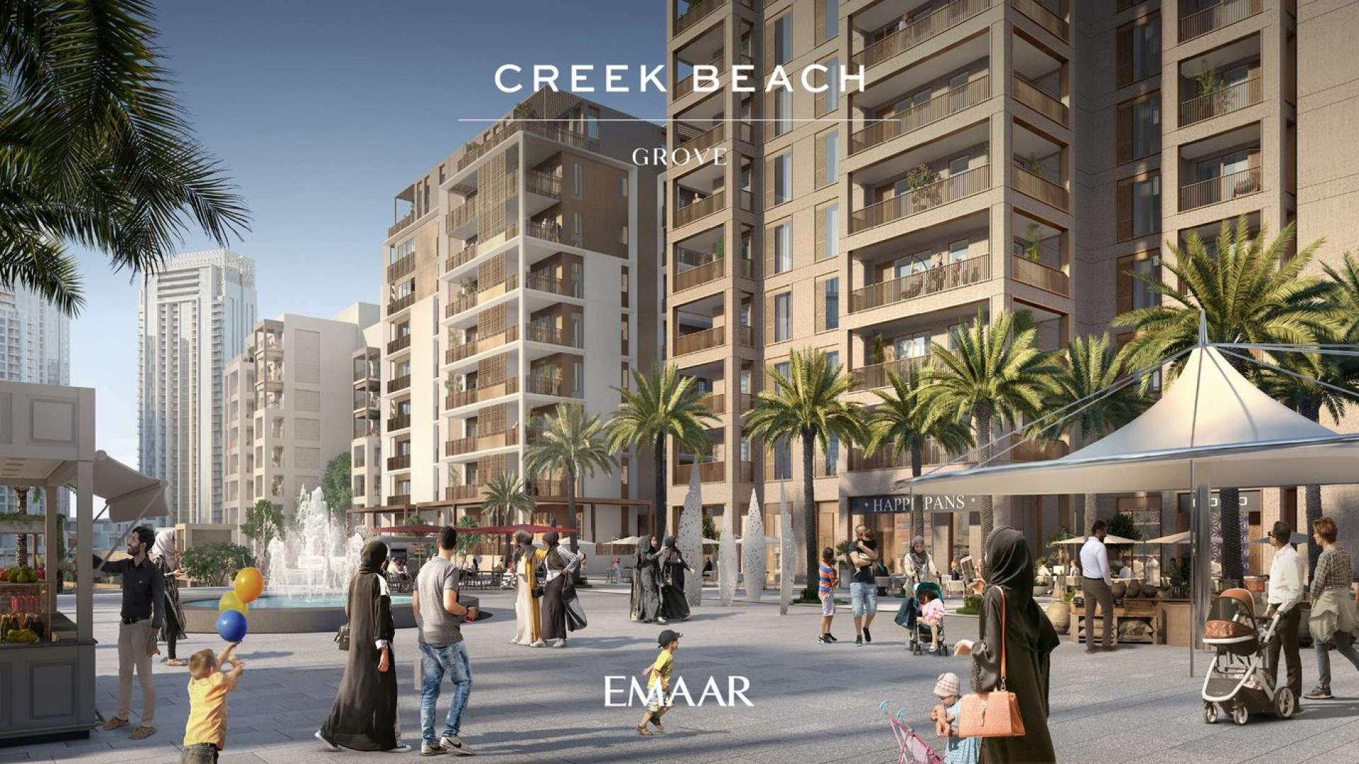 Luxury studio apartment pool area at Grove, Creek Beach, Dubai Creek Harbour