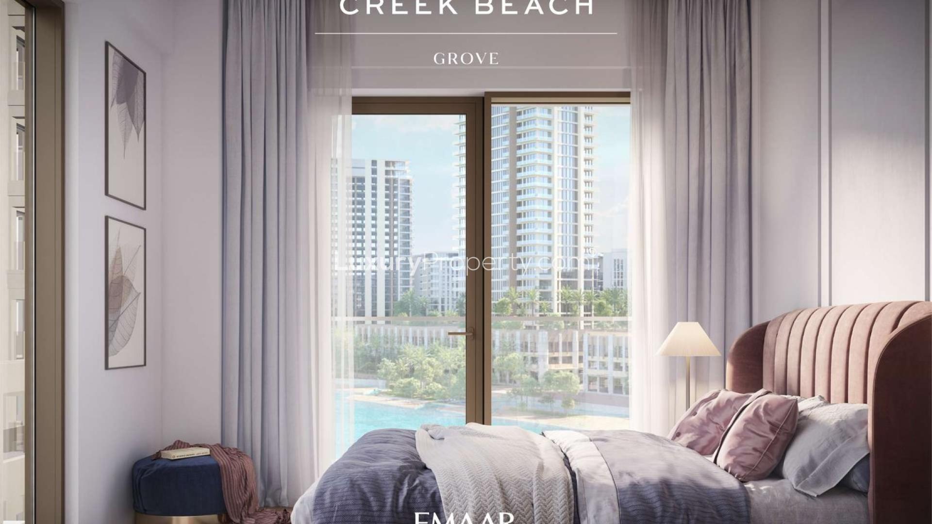 Luxury studio apartments at Grove, Creek Beach, Dubai Creek Harbour with waterfront views