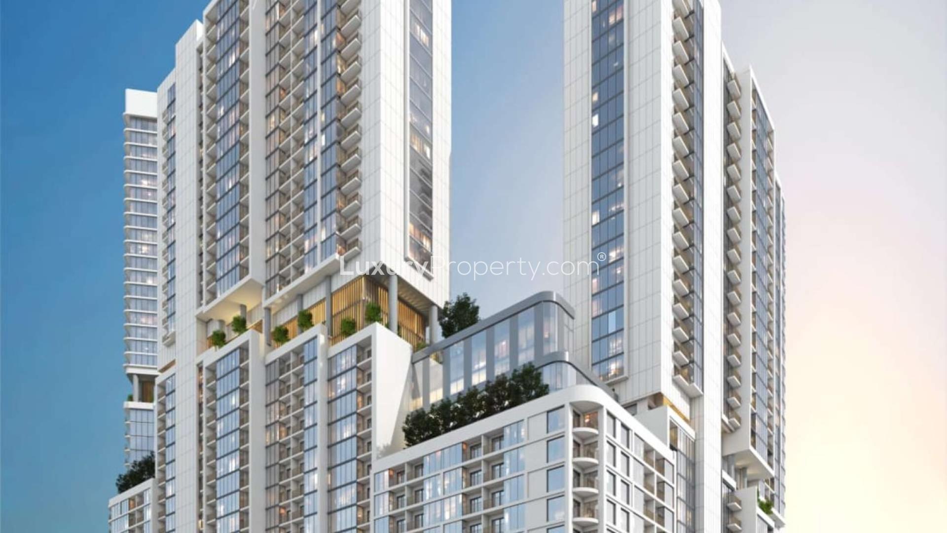 Modern high-rise apartment building at The Crest, Sobha Hartland, Mohammed Bin Rashid City