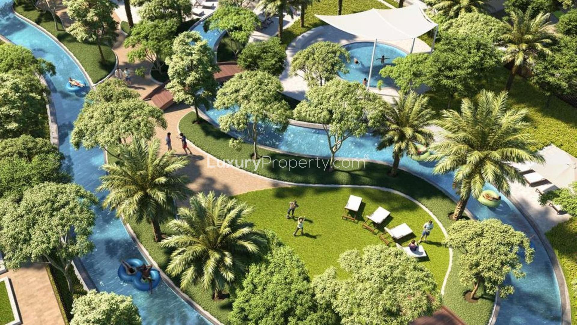 Aerial view of Arabian Ranches III townhouses in Dubailand's Ruba community at sunset