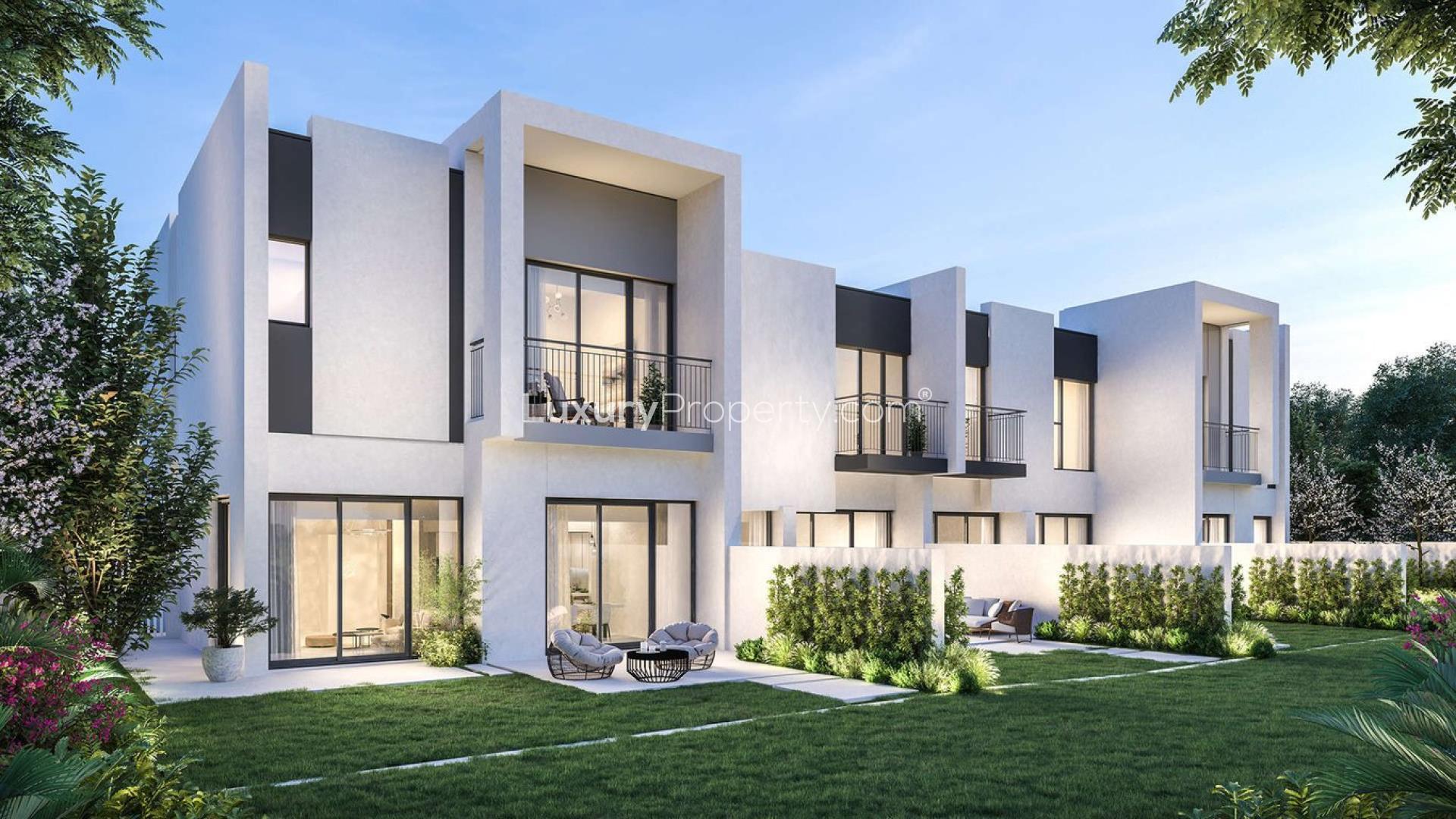 Modern townhouse exterior at La Rosa III, Villanova, Dubailand, available for sale