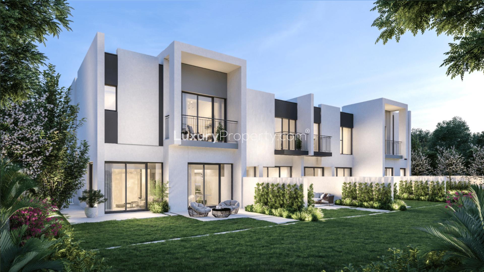 Modern three-bedroom townhouse exterior in La Rosa Phase V, Villanova, Dubai Land