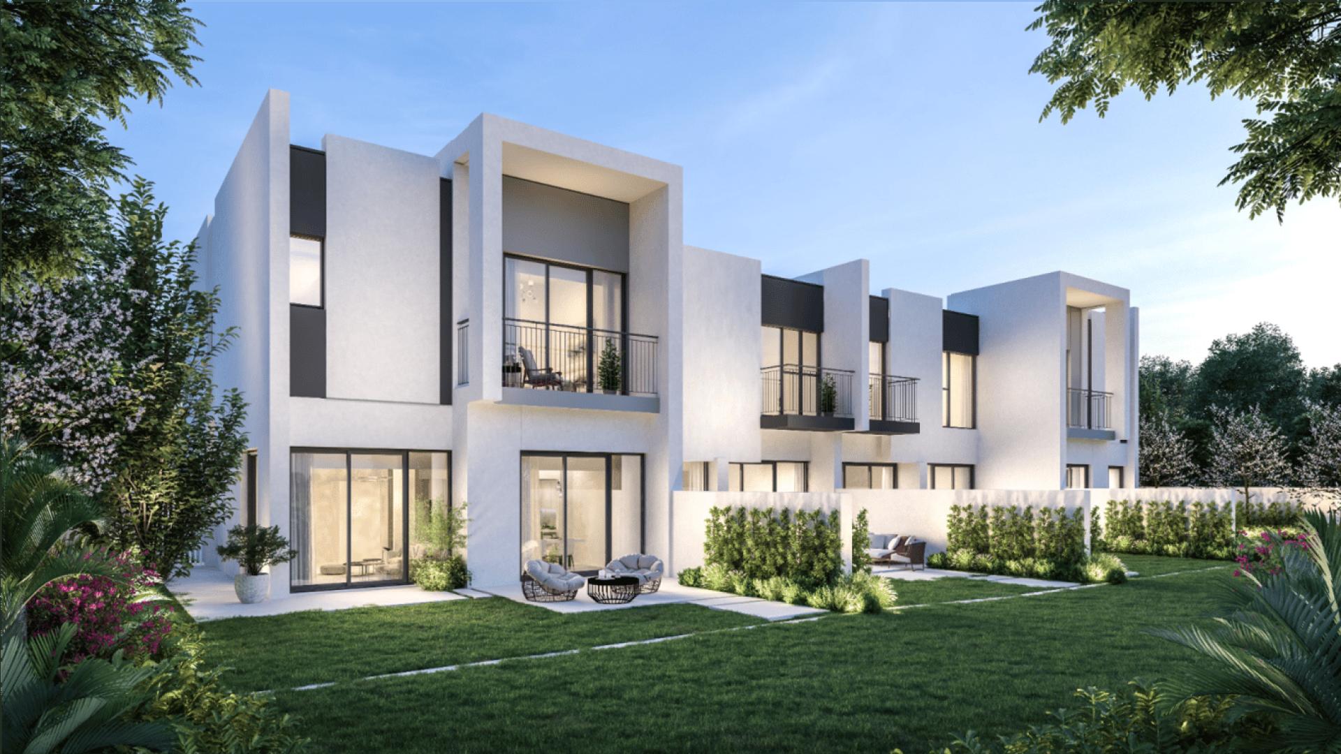 Modern three-bedroom townhouse exterior in La Rosa Phase V, Villanova, Dubai Land
