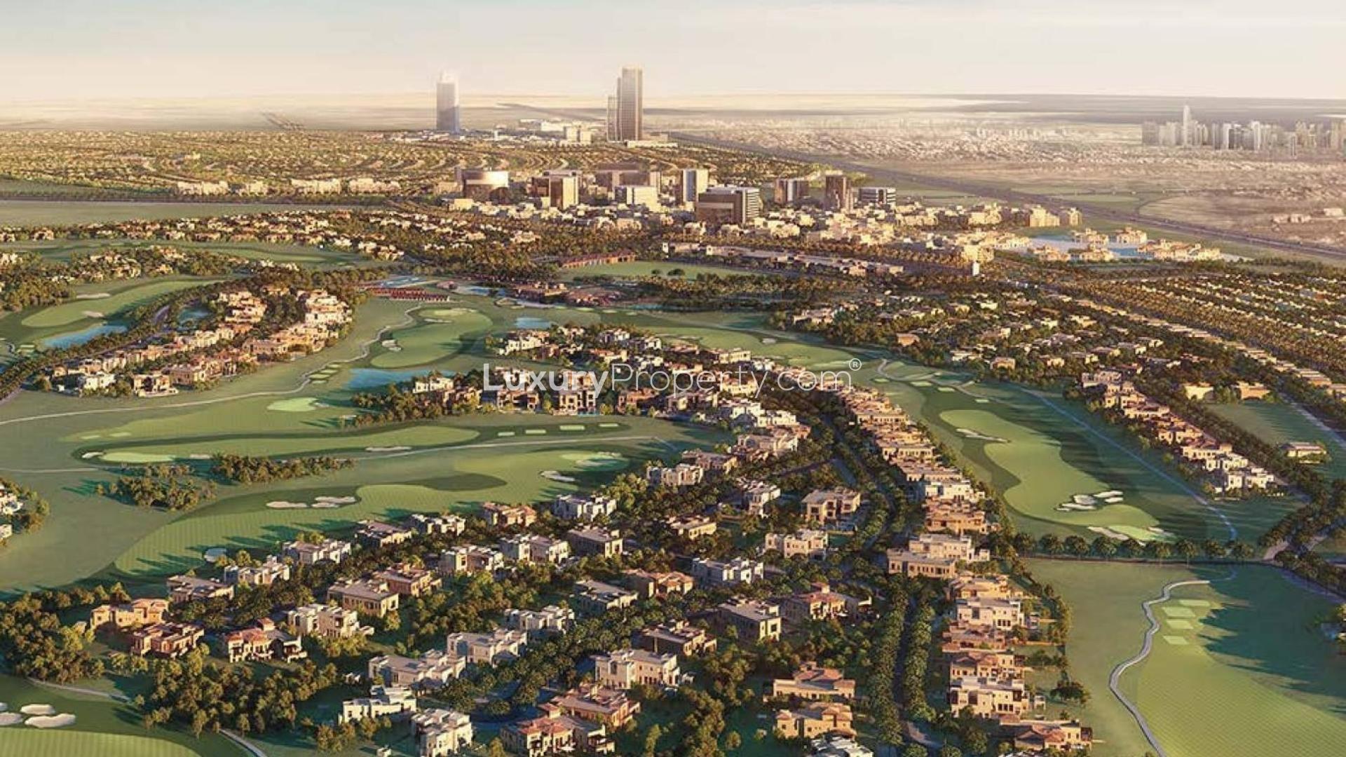 Prime plot entrance at Dubai Hills Estate with modern architecture and lush landscaping