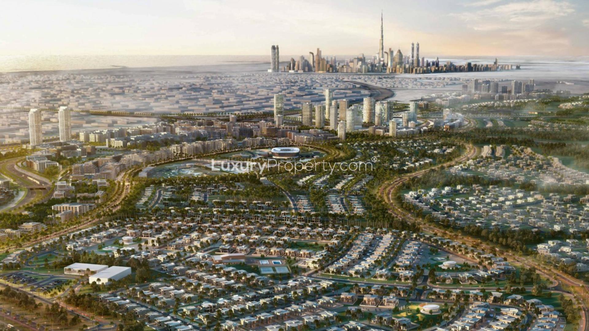 Prime plot on quiet street in Dubai Hills Estate with skyline and golf course view