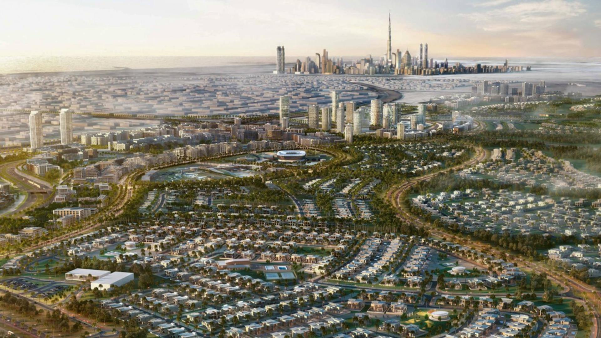 Prime plot on quiet street in Dubai Hills Estate with skyline and golf course view