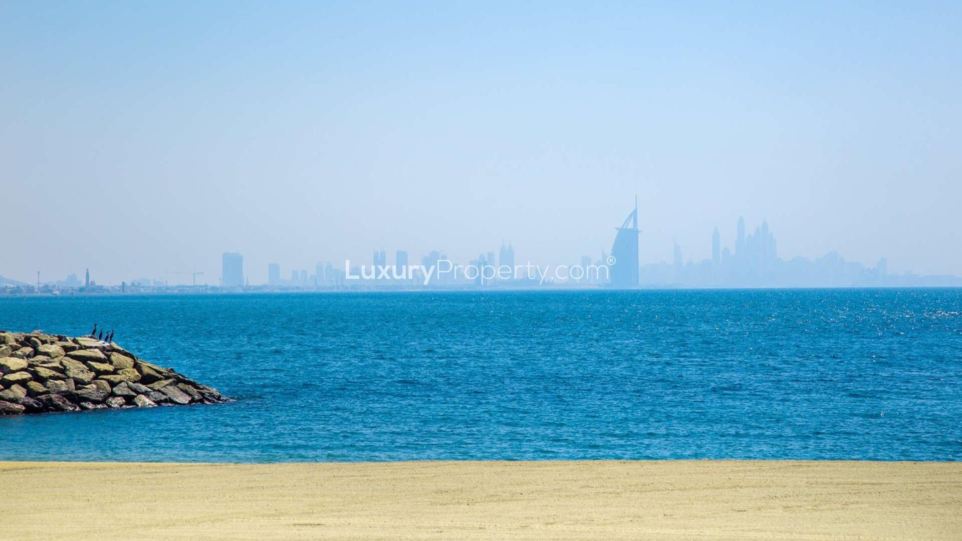 Super prime villa plot with beach access on Jumeirah Bay Island, Dubai skyline view