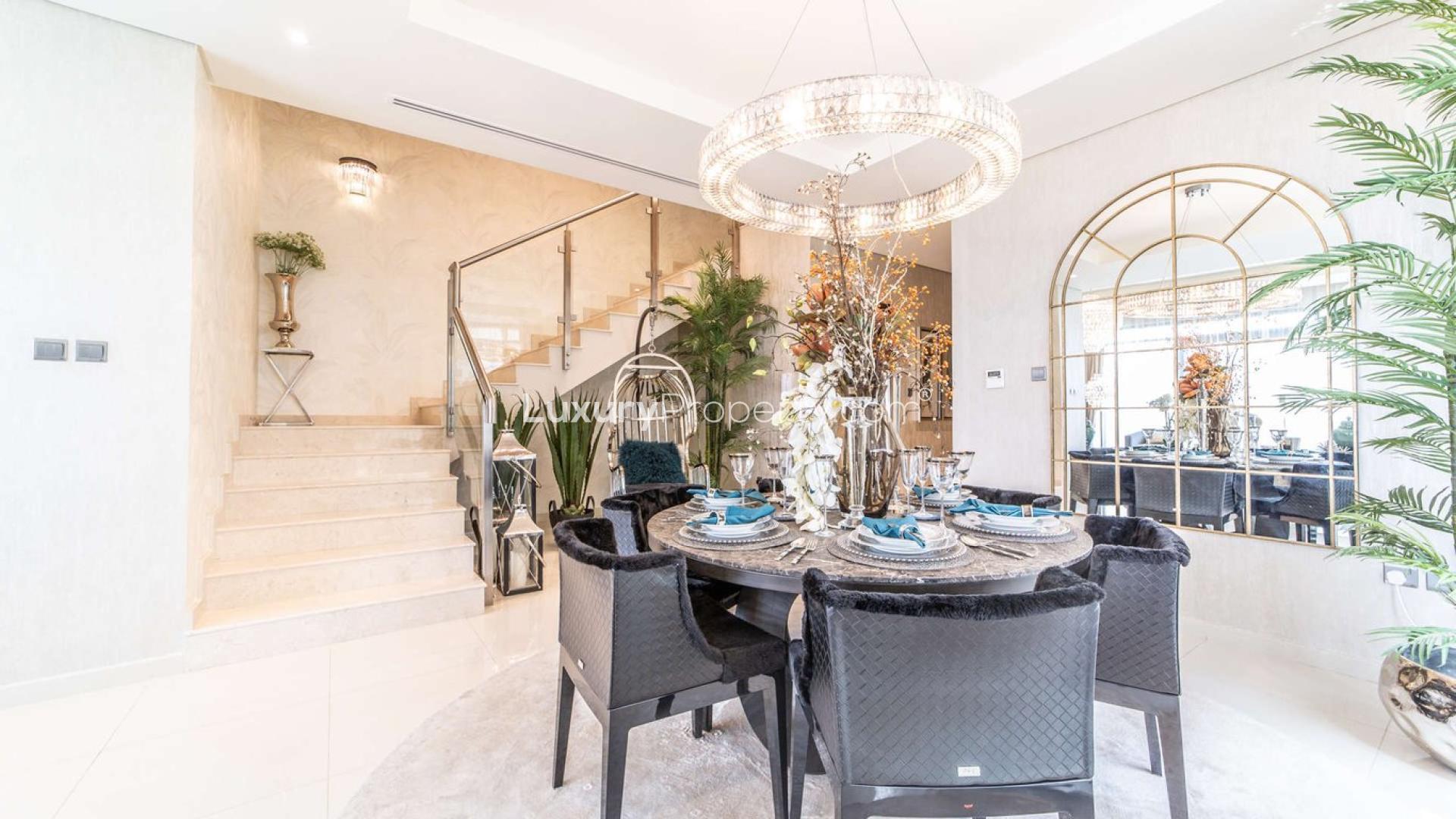 Luxurious villa garden view with palm trees, Akoya Park, Damac Hills, Dubailand