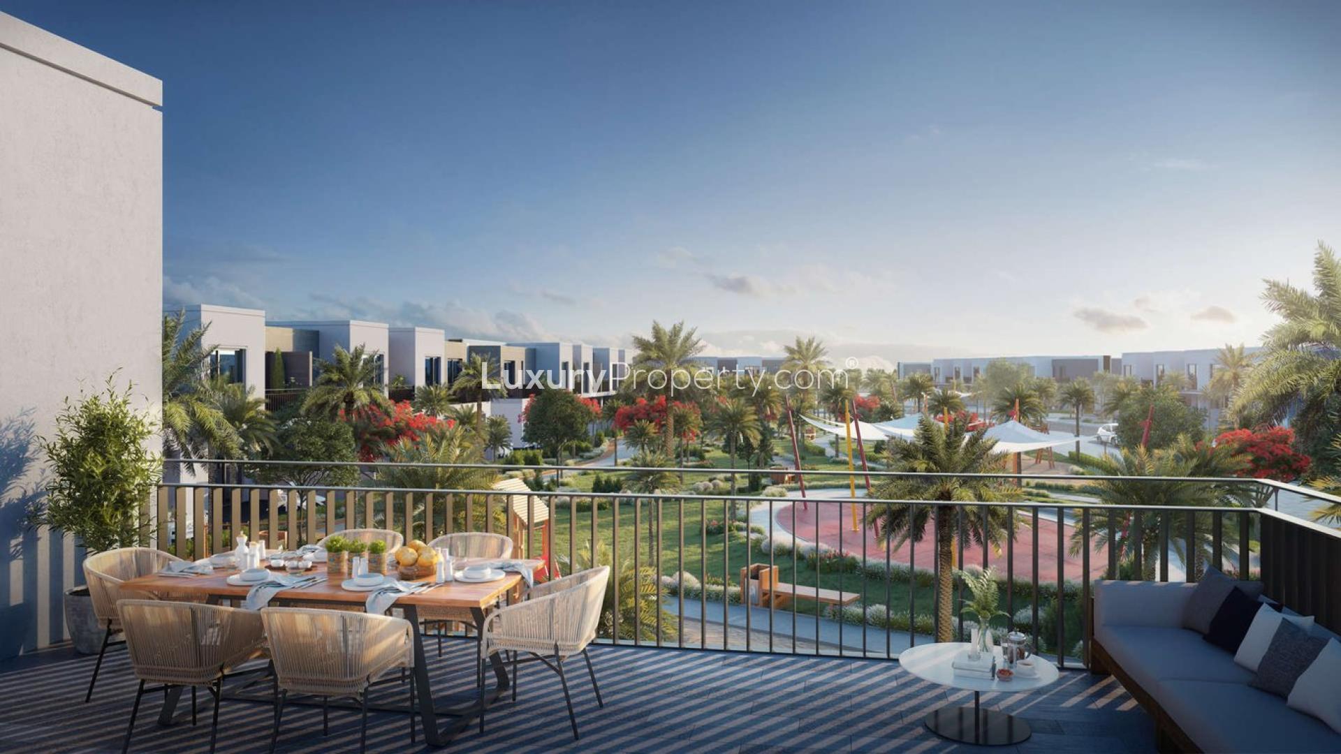"Scenic view from balcony at Expo Golf Villas, Emaar South, Dubai South community.",Outdoor dining area with garden view at Expo Golf Villas, Emaar South, Dubai South