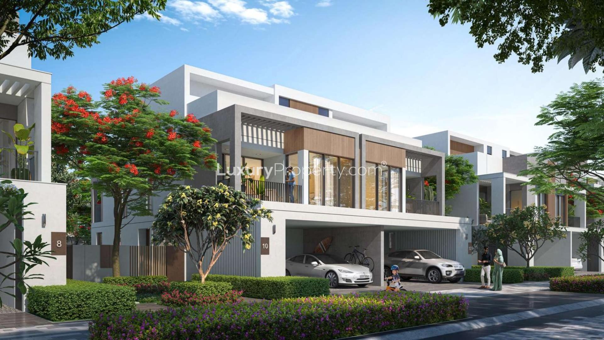 Contemporary Aura Bespoke Villa exterior in Tilal Al Ghaf community, featuring modern architecture