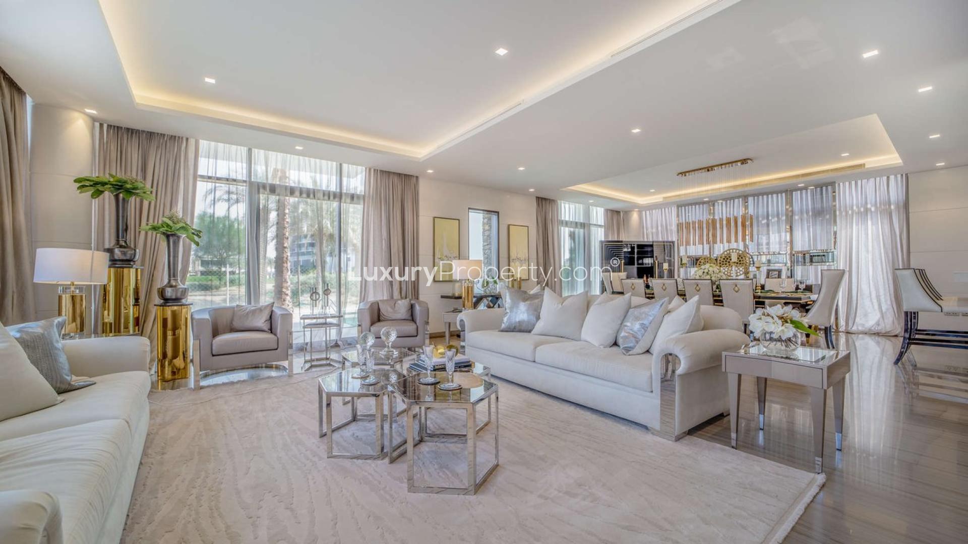 Luxurious living room in Damac Hills villa with elegant decor and modern furnishings