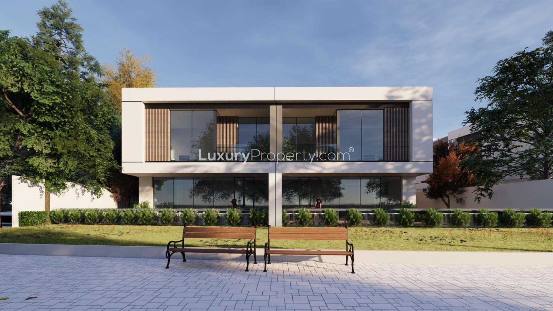 Modern villa exterior with garden in District One, Mohammed Bin Rashid City, for sale