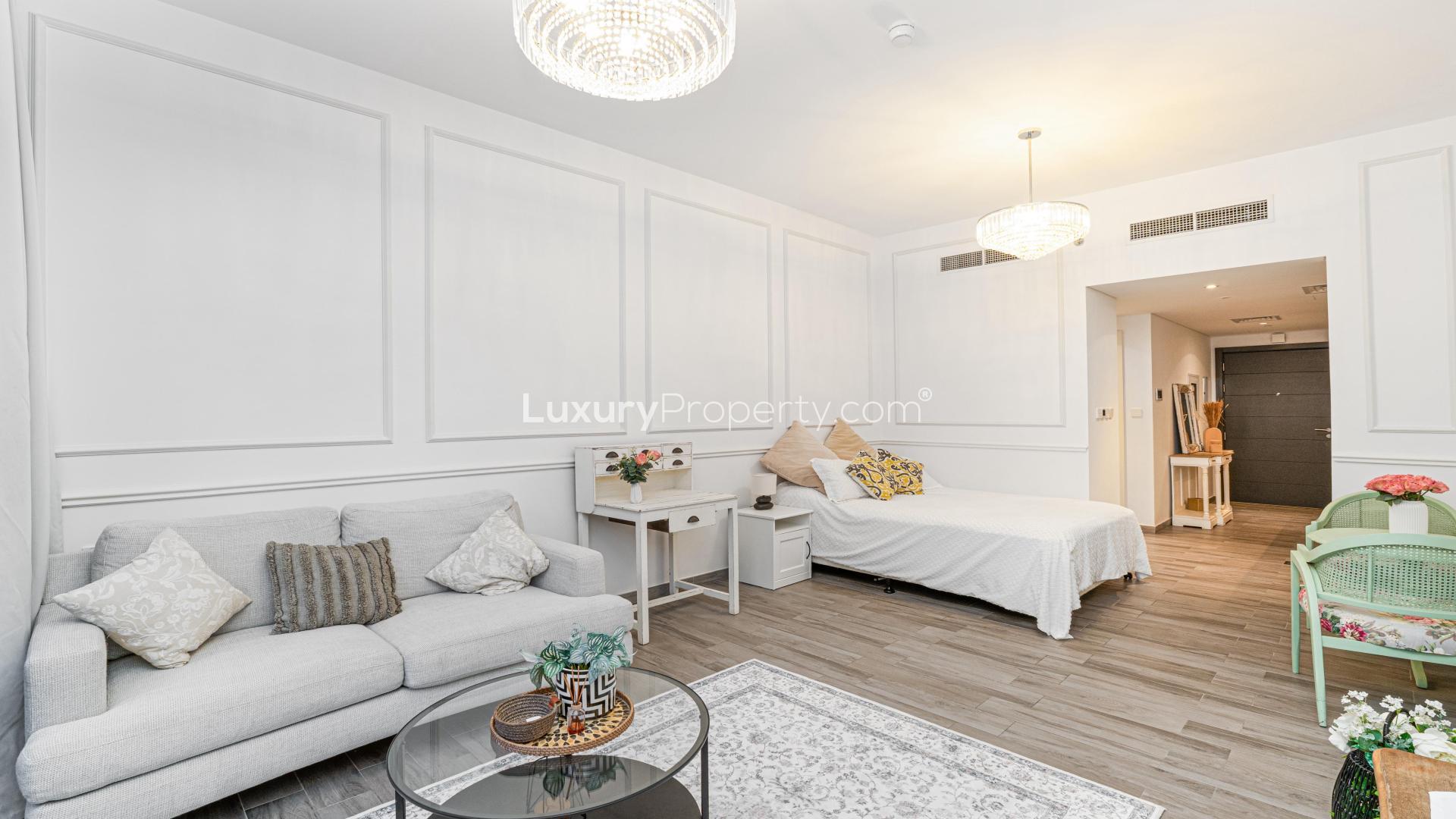 Modern studio apartment interior in Belgravia Square, JVC, available for rent