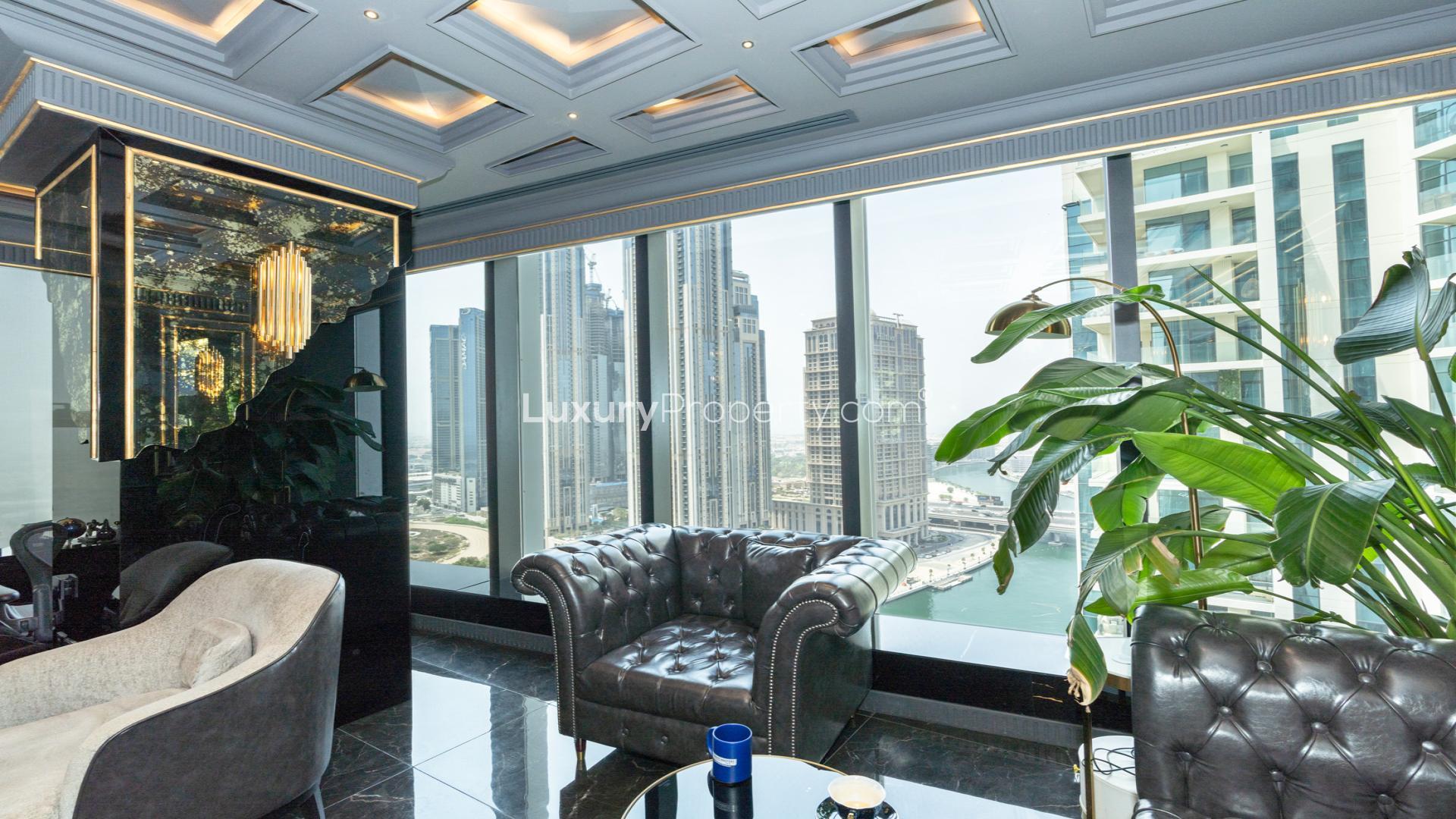 Luxury apartment lounge in Al Manara Tower, Business Bay, featuring elegant furnishings and decor