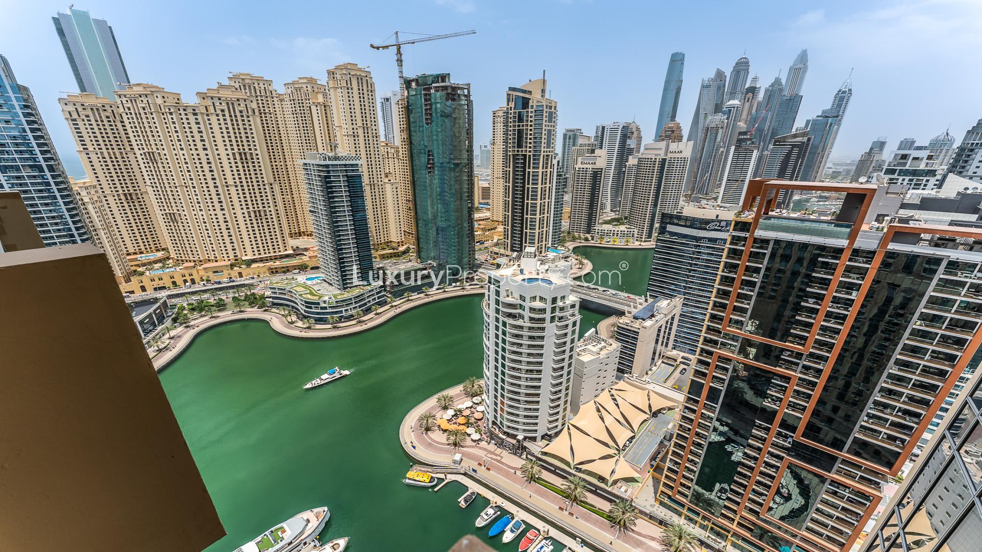 Dubai Marina studio balcony view with skyscrapers and waterfront, JW Marriott Hotel Marina nearby