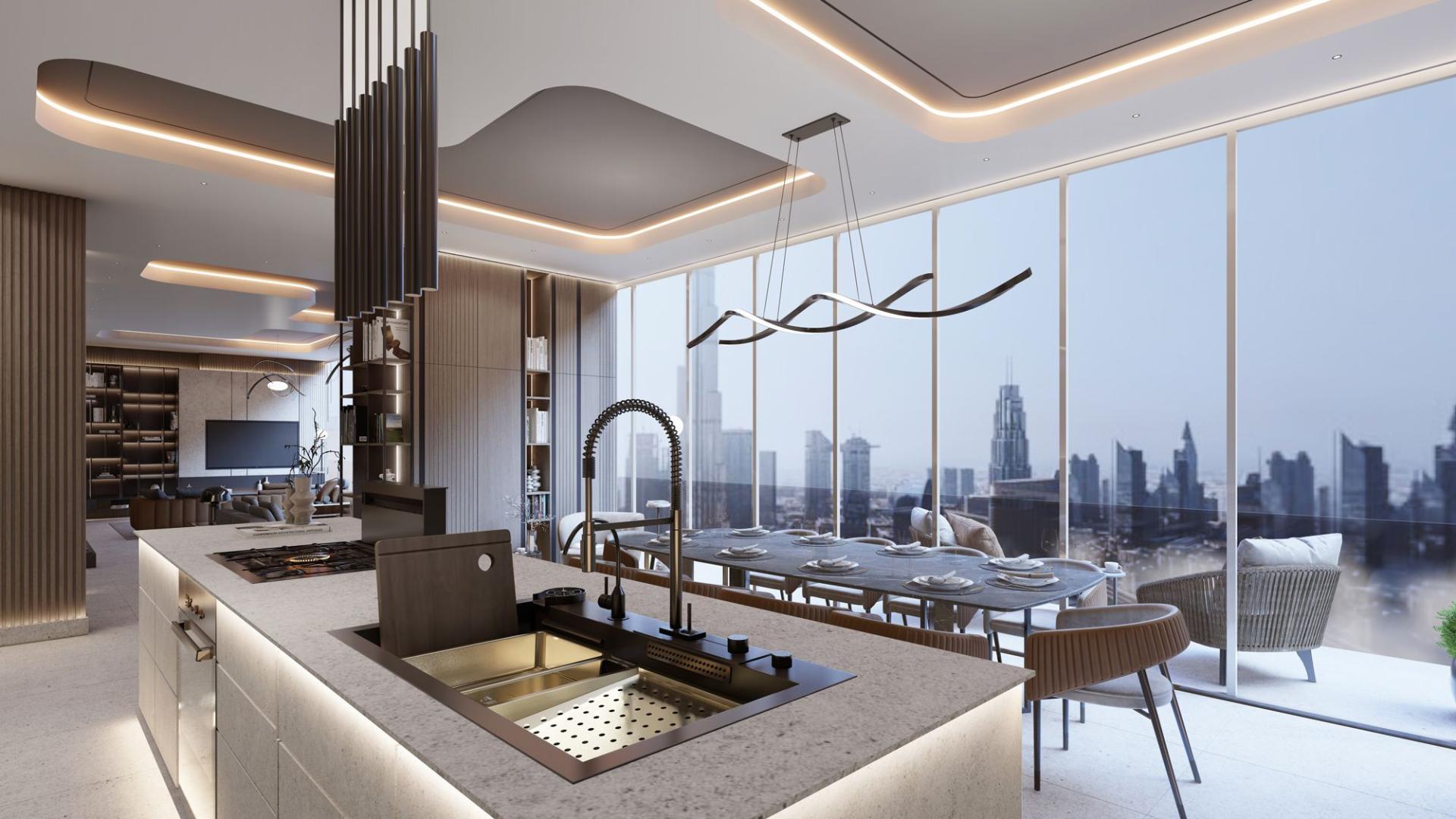 N/A,Luxurious downtown Dubai studio apartment interior with skyline view, modern kitchen, and dining area